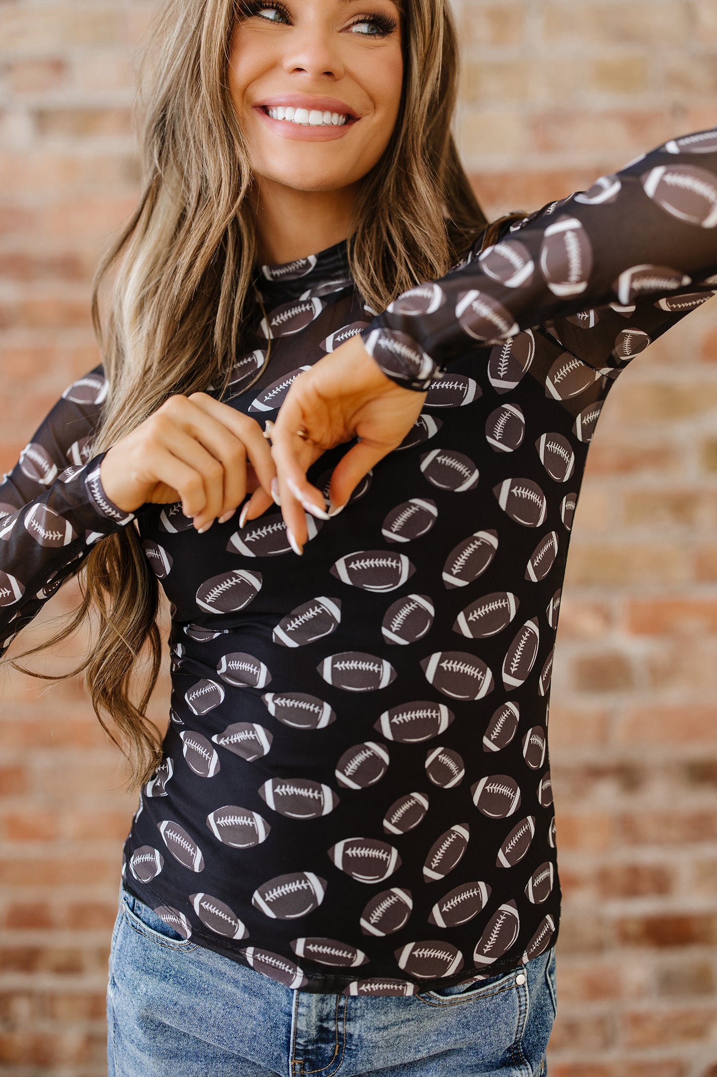 Red Game Day Rugby Mesh Sheer Long Sleeve Top
