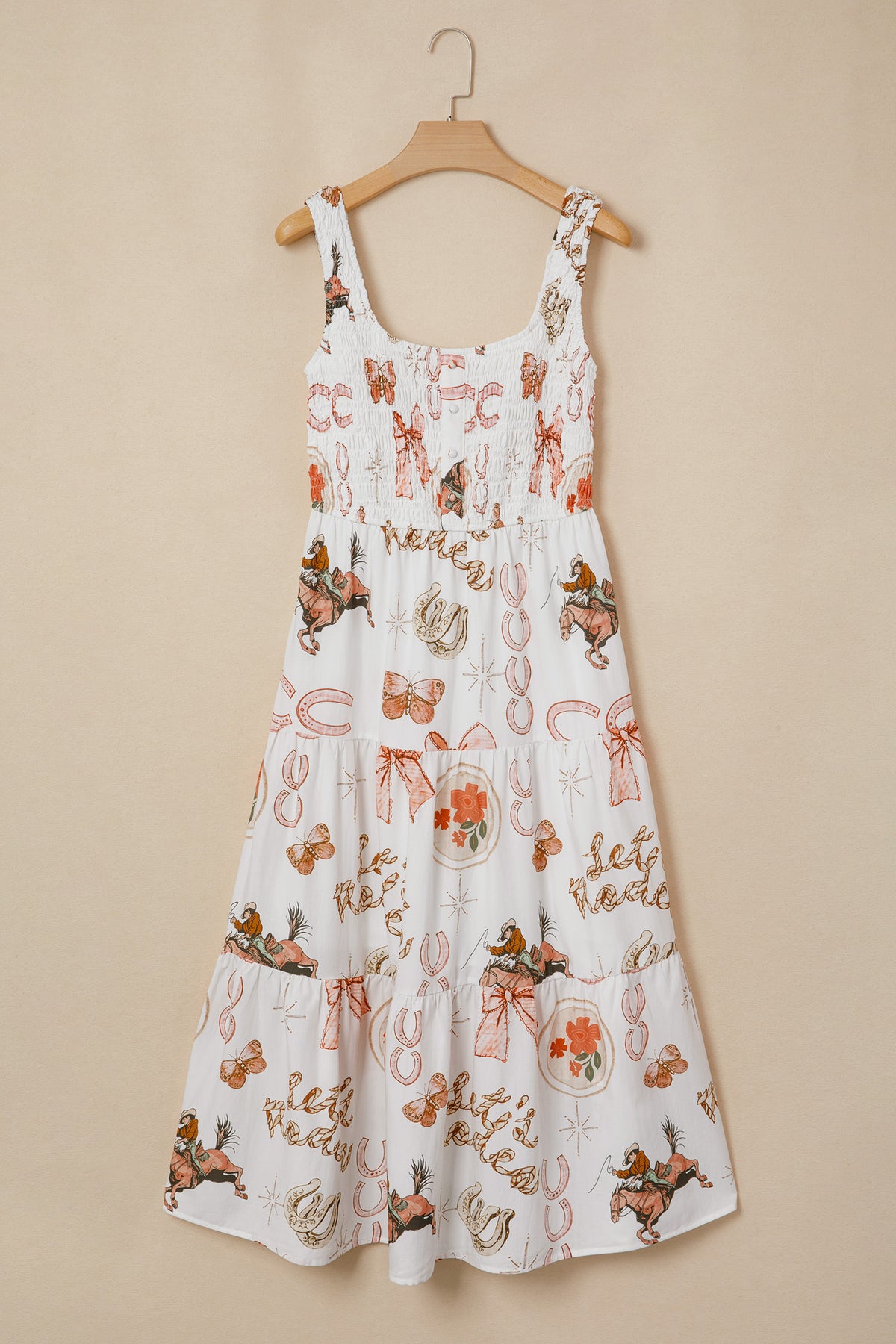 White Western Horseshoe Print U-Neck Sleeveless Midi Dress
