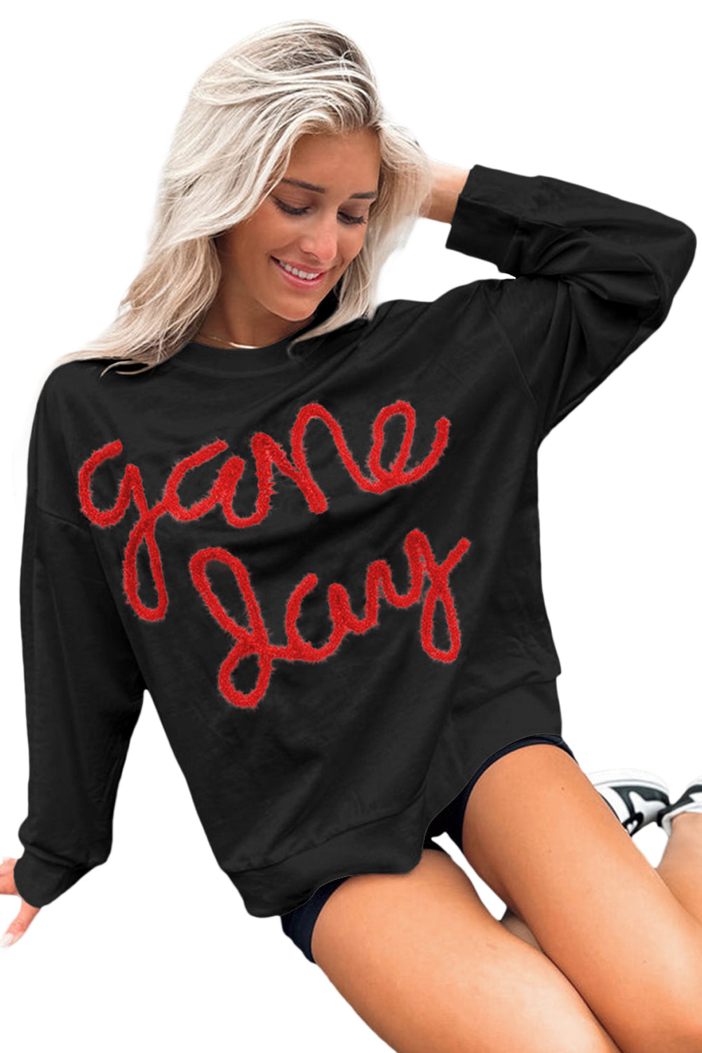 White Tinsel Game Day Drop Shoulder Graphic Sweatshirt