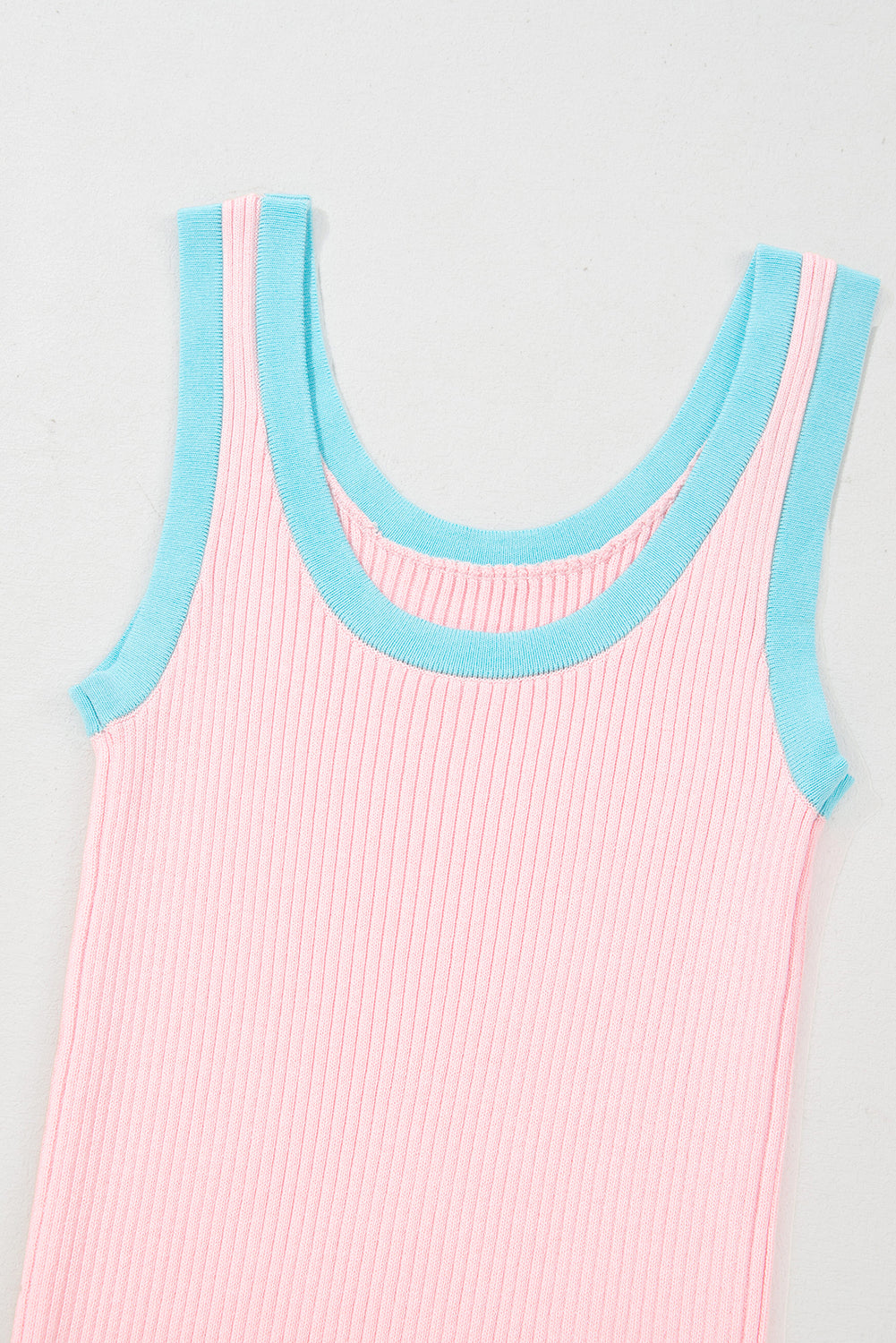 Blue Colorblock Edge Ribbed Knit U Neck Tank Top