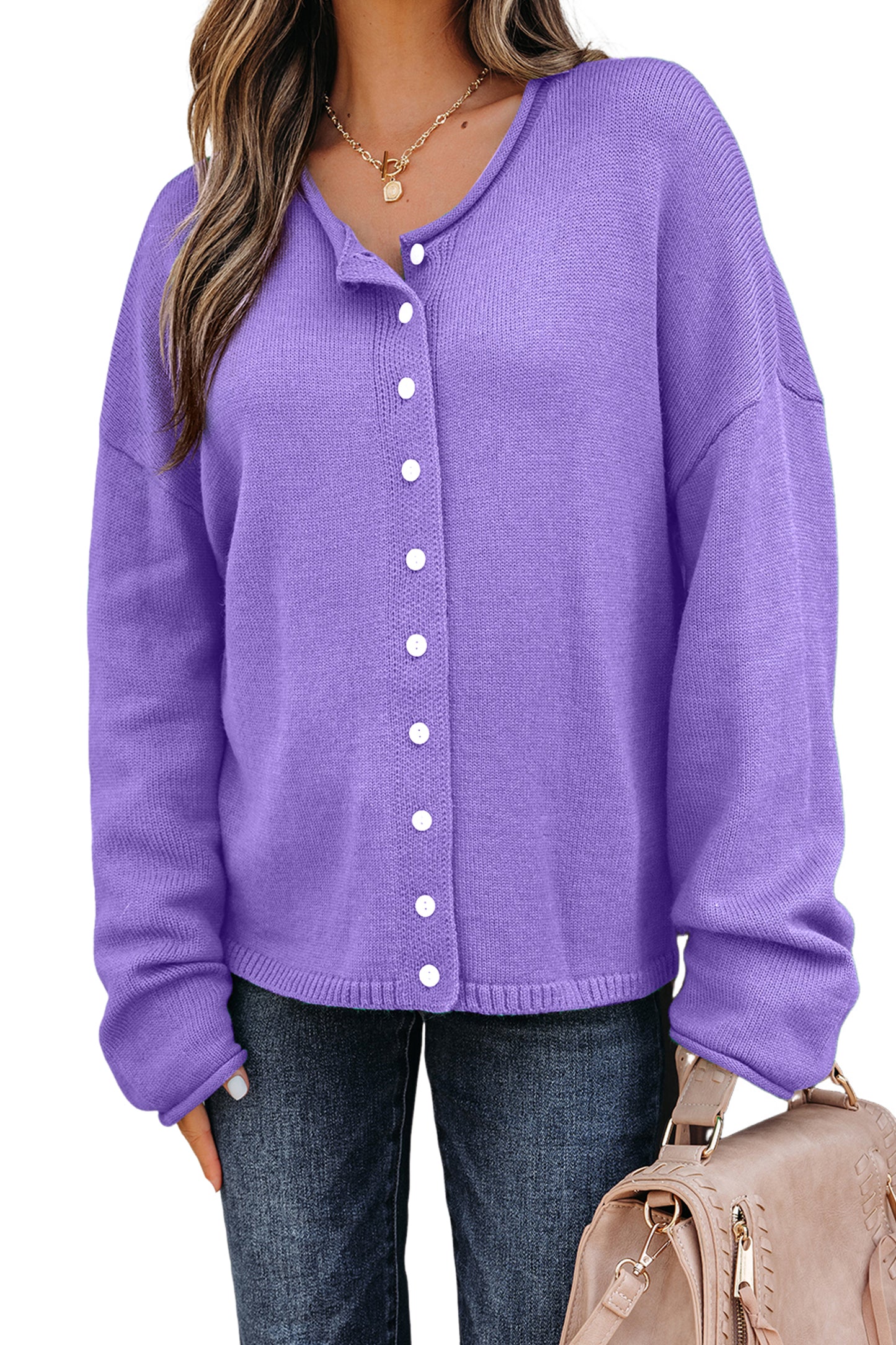 Bright Green Solid Color Knit Button Drop Shoulder Sweater Cardigan