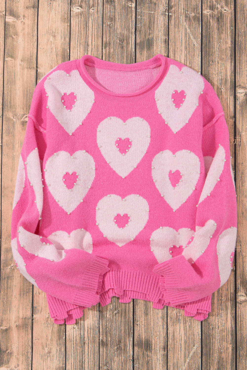 Bonbon Pearl Beaded Heart Drop Shoulder Sweater