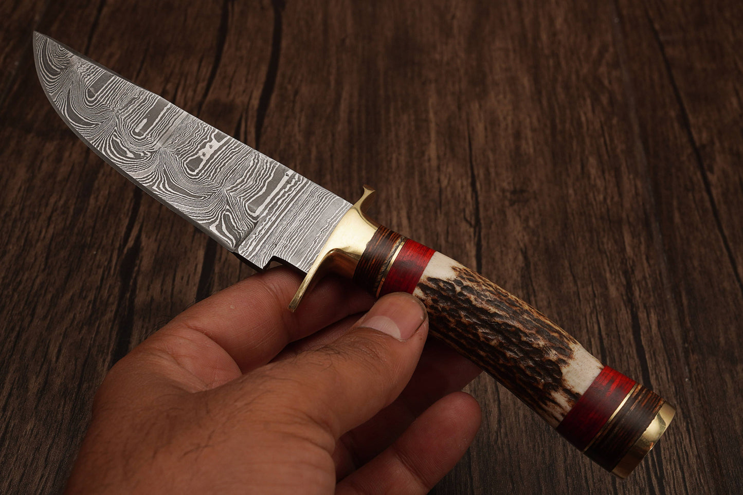 8' Damascus knife with leather sheath, Stag horn handle