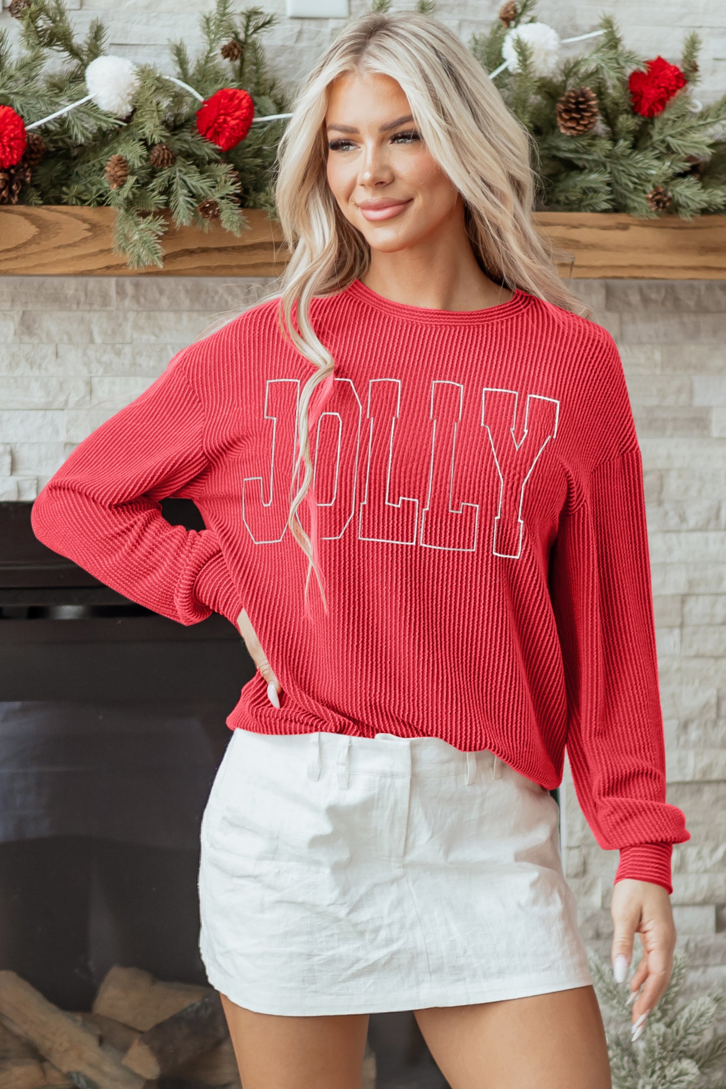 Blackish Green Twisted Rib Outlined Merry Letter Graphic Loose Long Sleeve Top