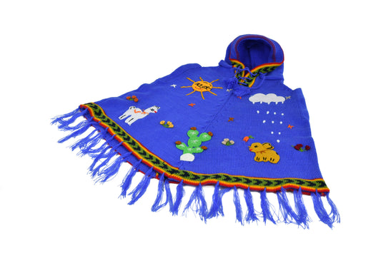 Child Poncho Applique with Hood Cotton Knit Sleeve Opening