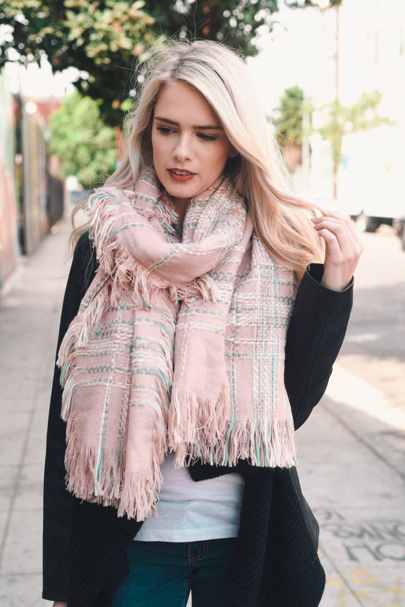 Pink Chunky Multi Colored Plaid Stitch Scarf