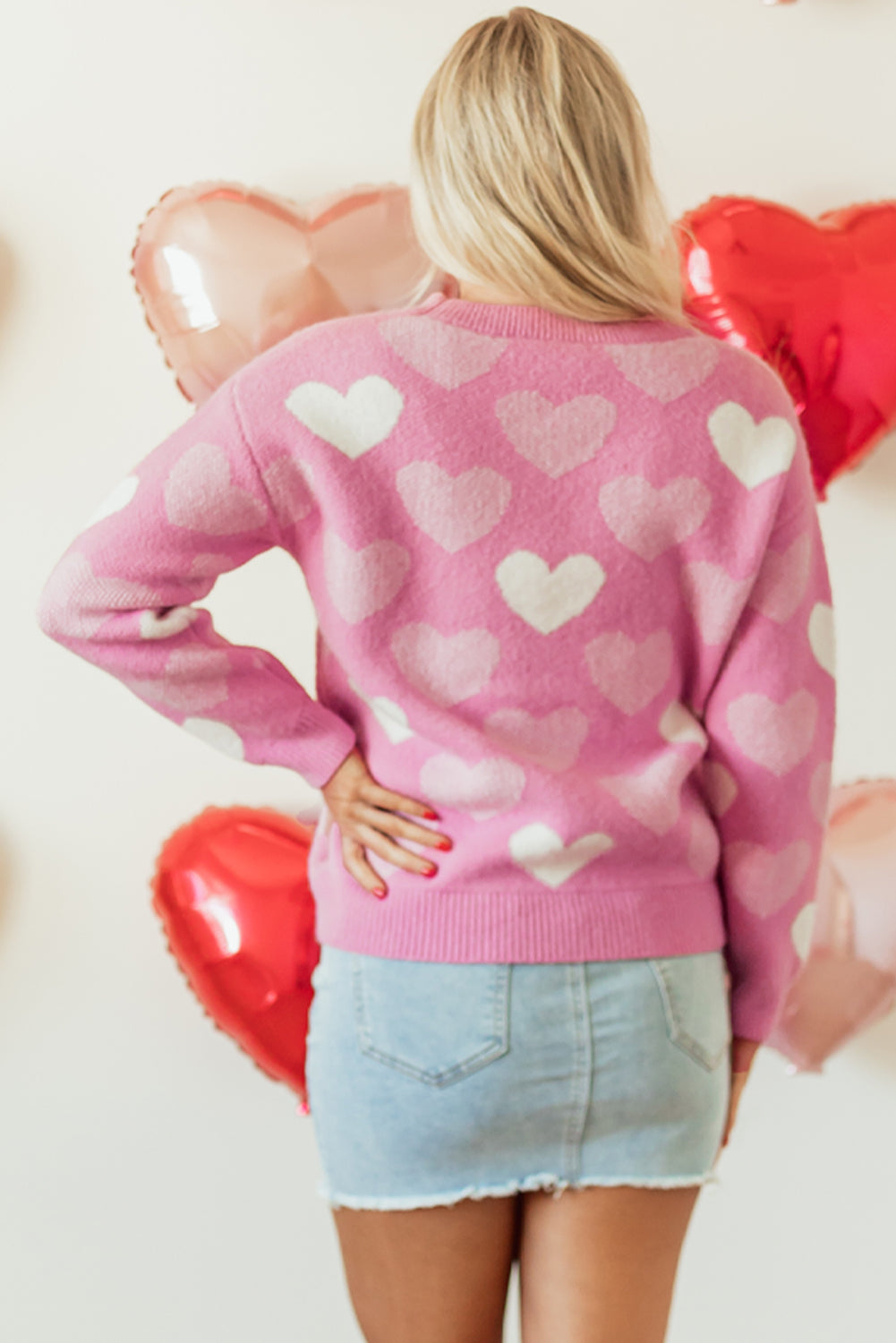 Pink Pearled Heart Print Valentines Crew Neck Sweater