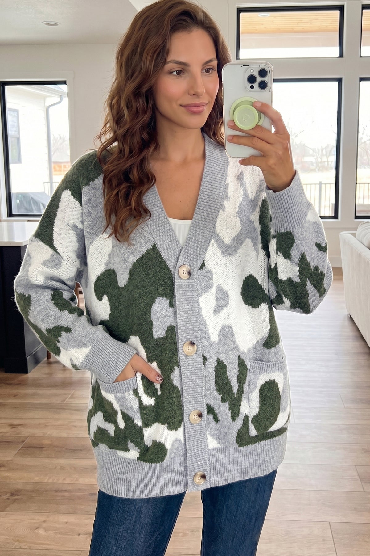 Green Camouflage Drop Shoulder V Neck Button Front Cardigan