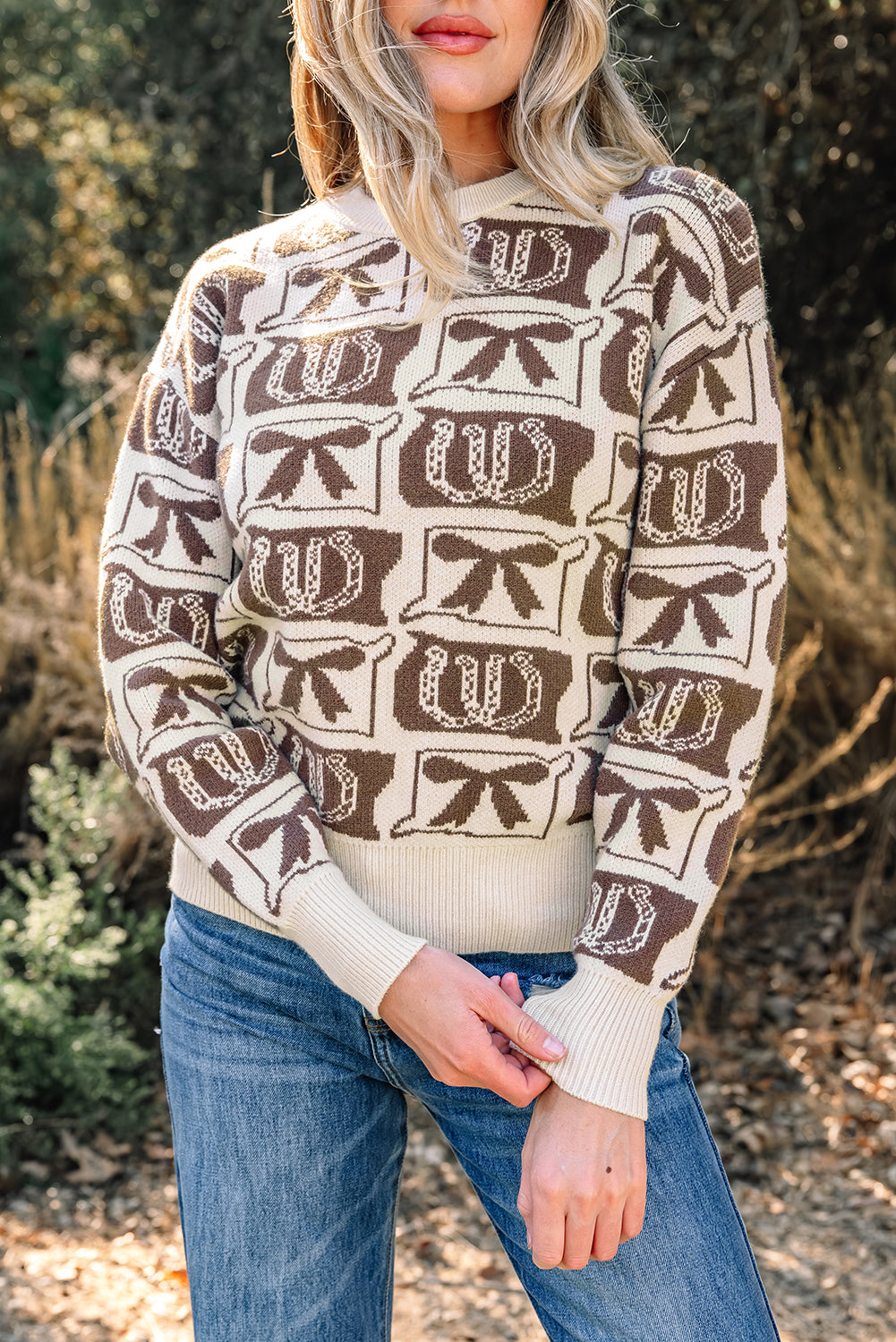 Pink Bows & Horseshoes Pattern Western Fashion Print Sweater