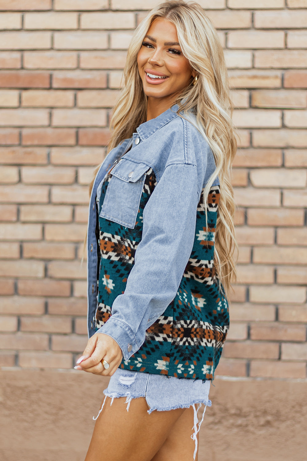 Blue Aztec Printed Denim Jacket