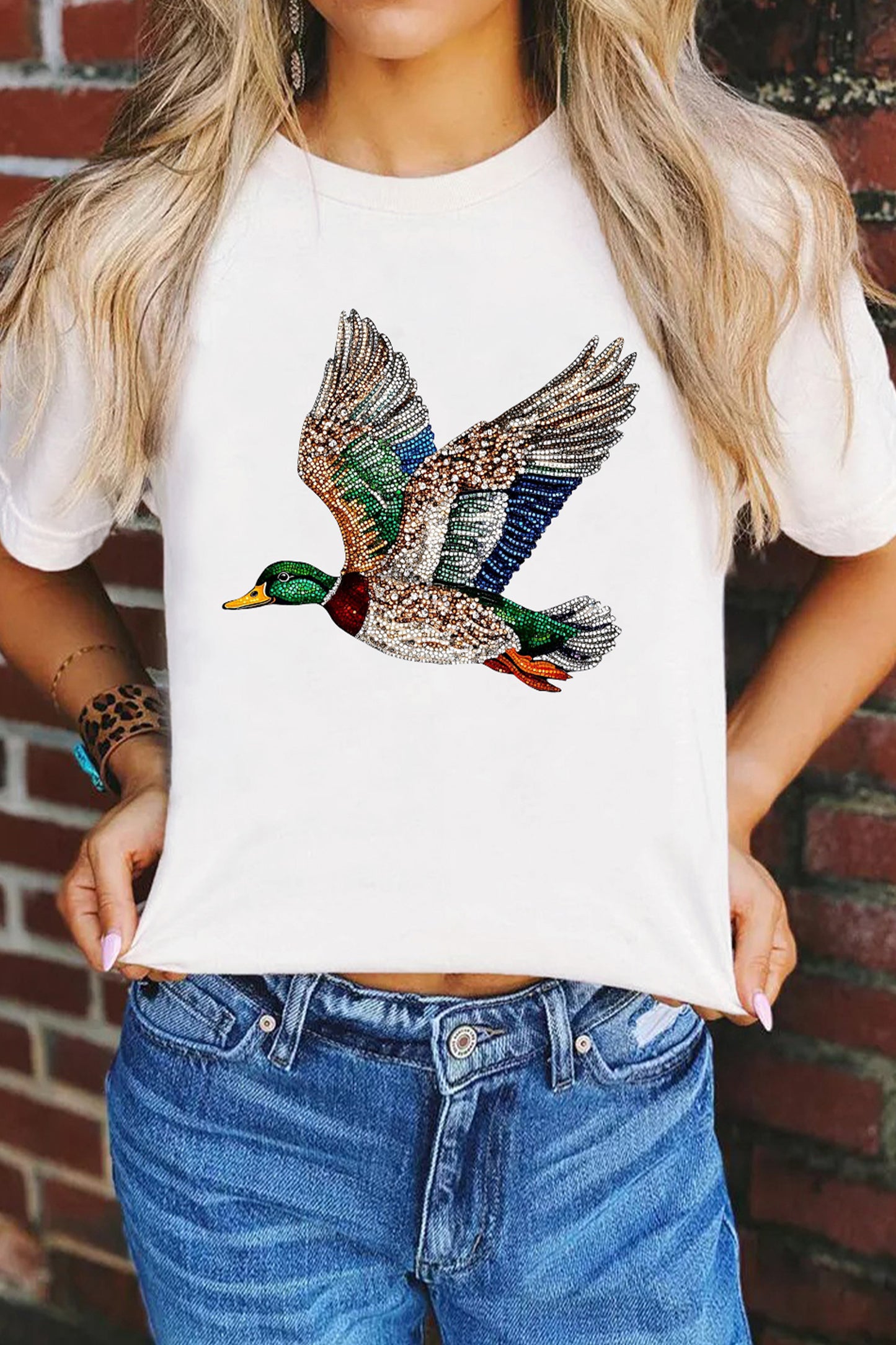 White Flying Mallard Print Crew Neck T Shirt