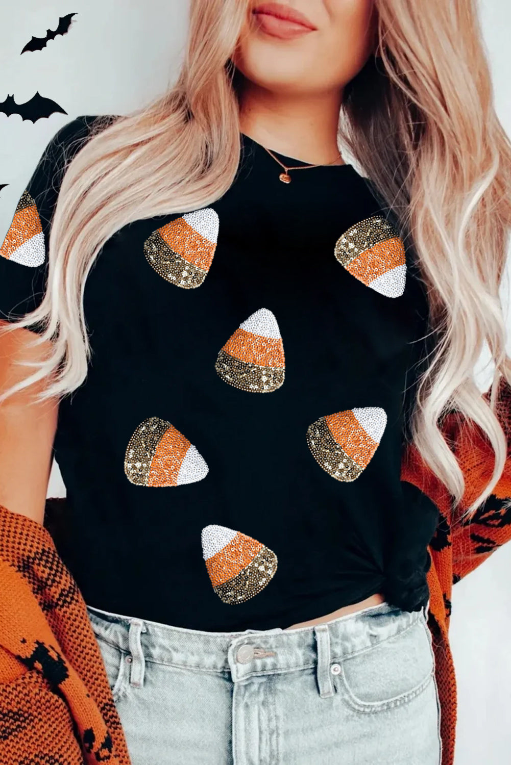 Black Sequin Candy Patched Pattern Halloween T Shirt