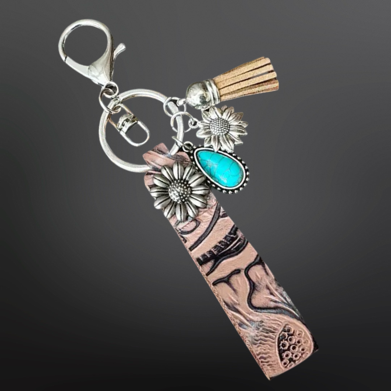 Embossed Leather Western Keychain with Charms