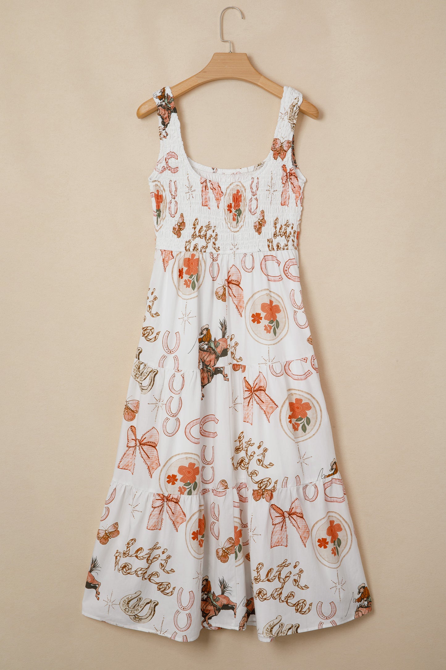 White Western Horseshoe Print U-Neck Sleeveless Midi Dress