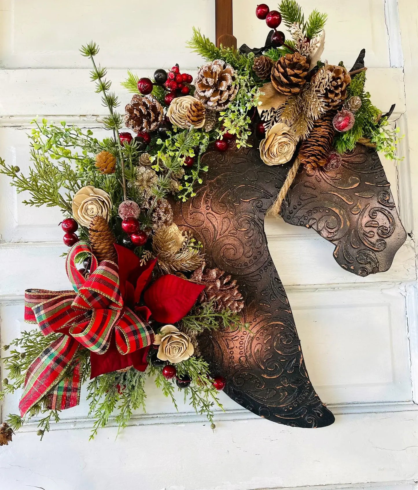Leather Look Berry And Pine Horse Wreath with poinsettia 