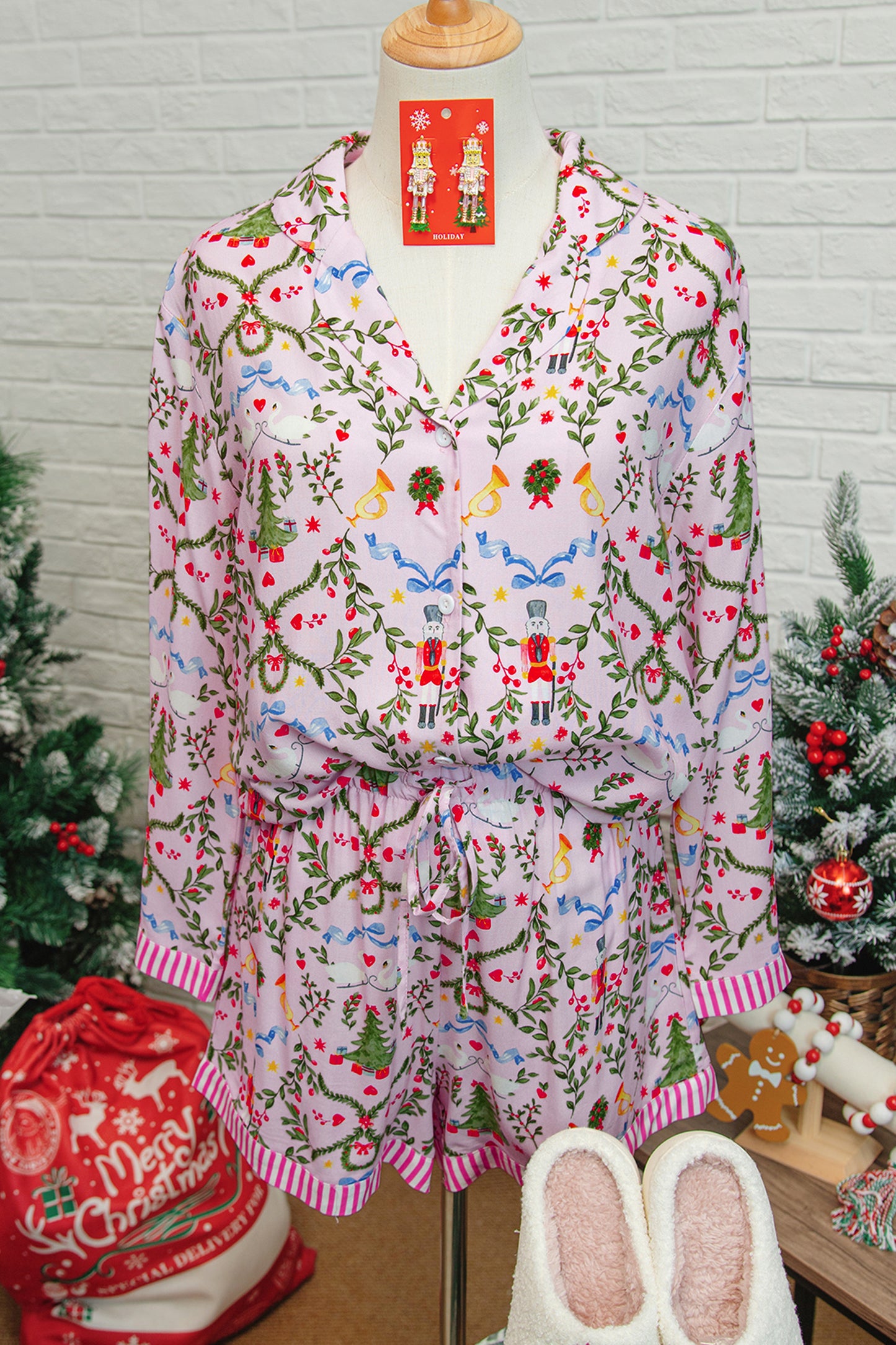 Pink Christmas Holiday Print Nutcracker Long Sleeve Shorts 2pcs Pajama Set