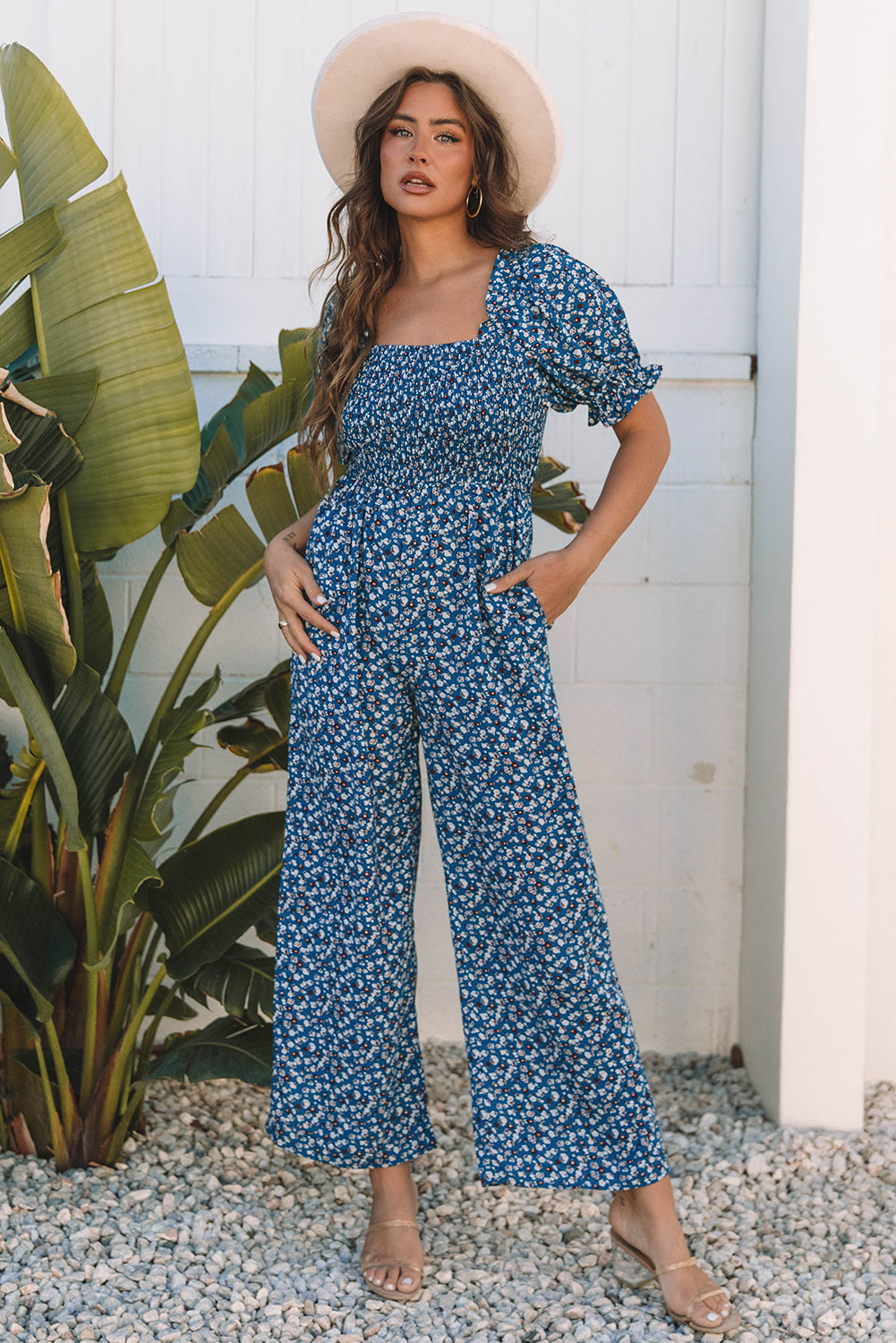 Blue Vintage Boho Floral Smocked Short Puff Sleeve Wide Leg Jumpsuit