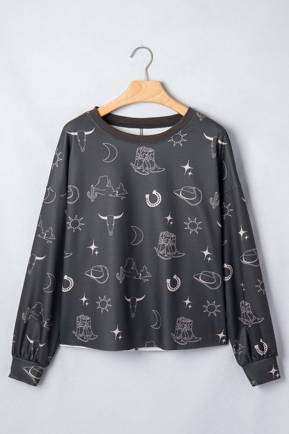 Gray Western Print Crew Neck Sweatshirt