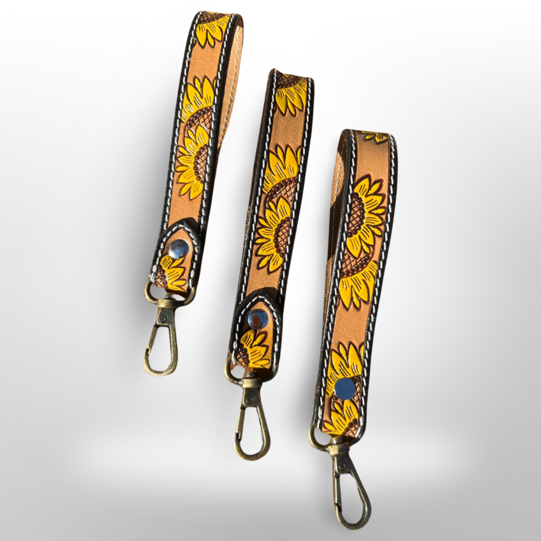 Tooled Leather Sunflower Western Wrist Strap Keychain