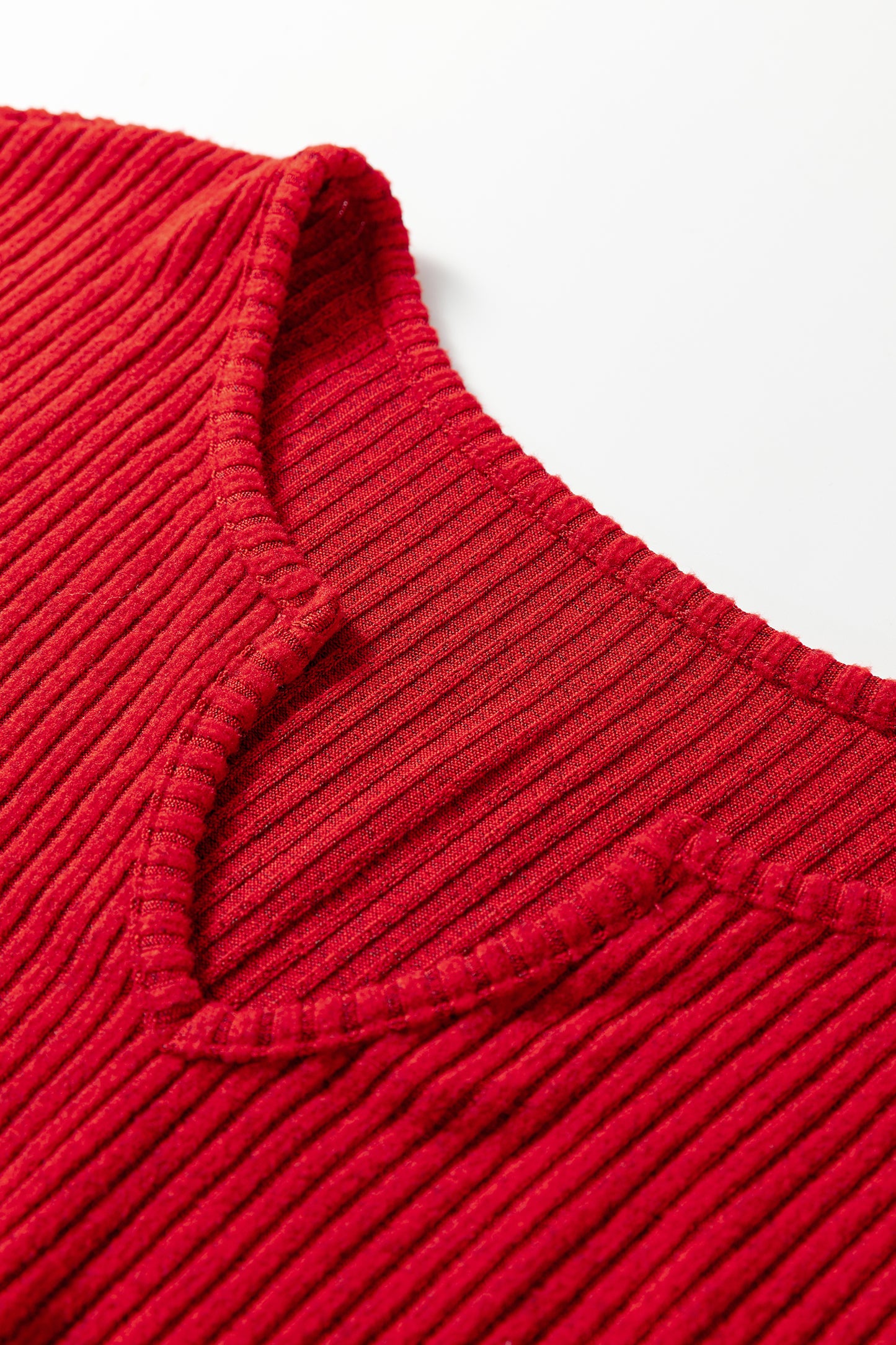 Racing Red Ribbed Notched Neck Knit Long Sleeve Leggings Two Pieces Lounge Set