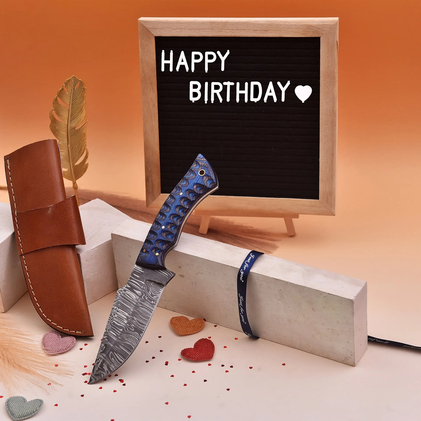 9.5' Grooved handle Damascus knife with leather sheath