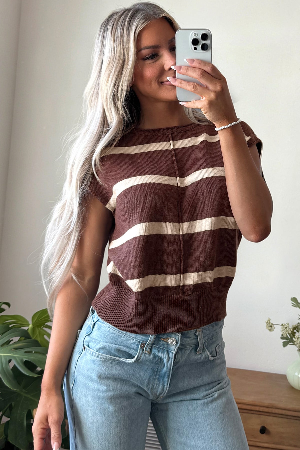 White Stripe Knit Western Short Sleeve Sweater