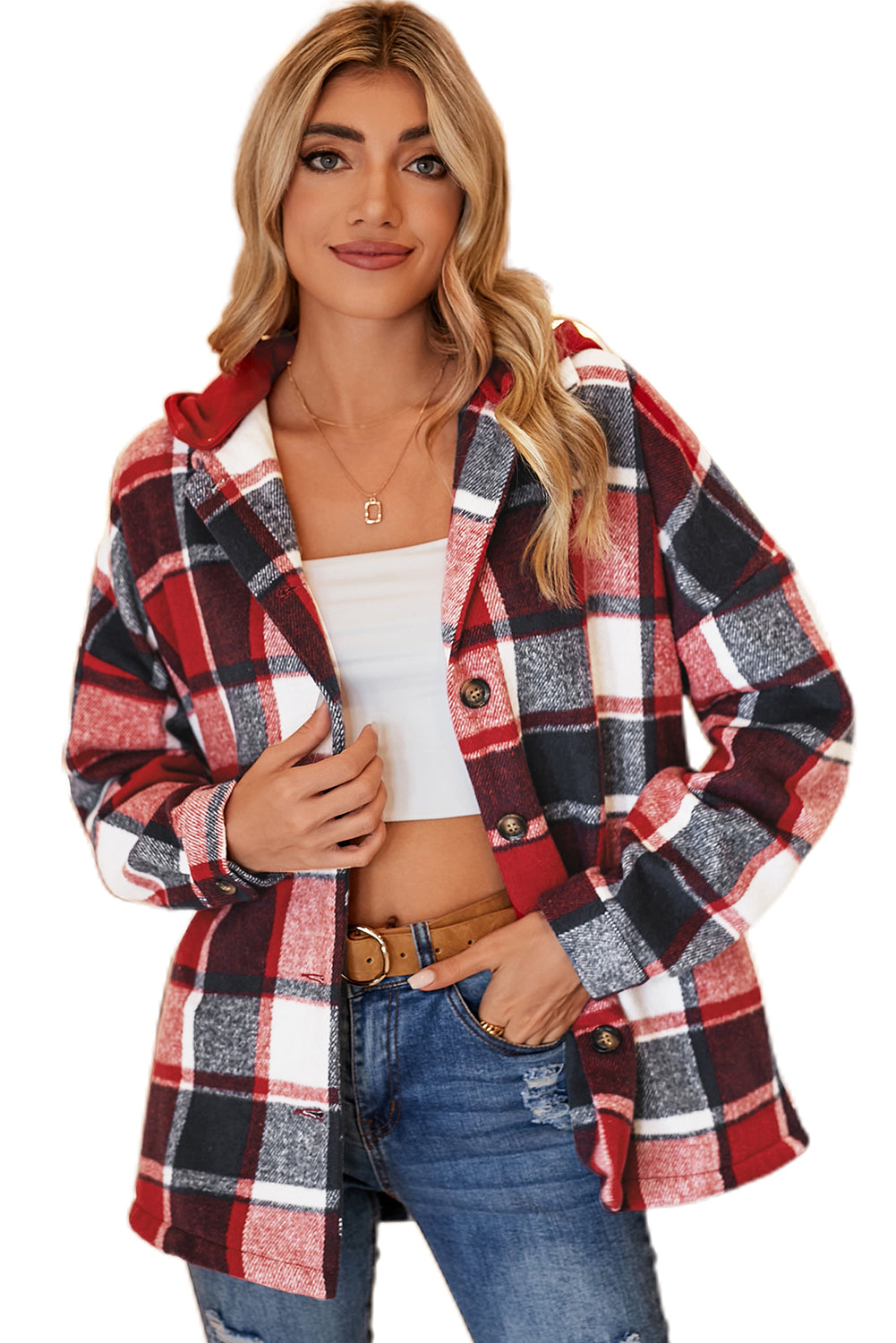 Red Plaid Button Front Hooded Shacket