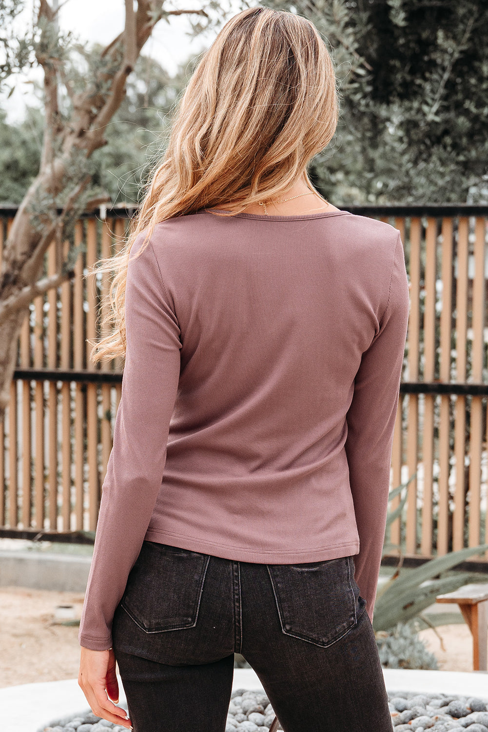 Old Rose Gathered Bust Square Neck Ribbed Fit Long Sleeve Top