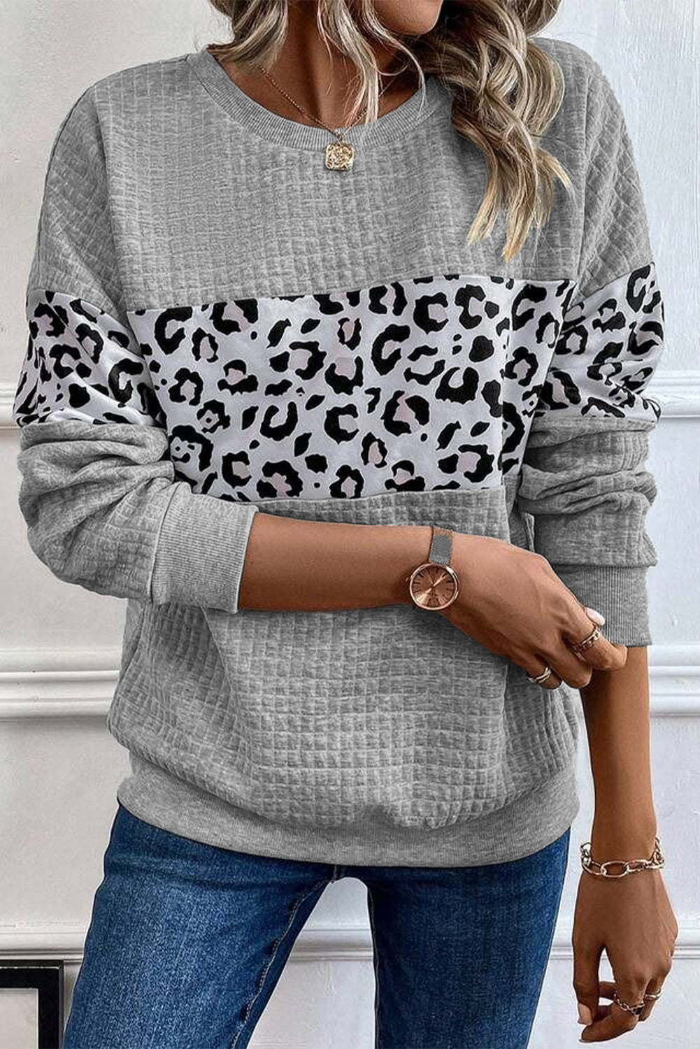 Gray Leopard Quilted Patchwork Crew Neck Sweatshirt