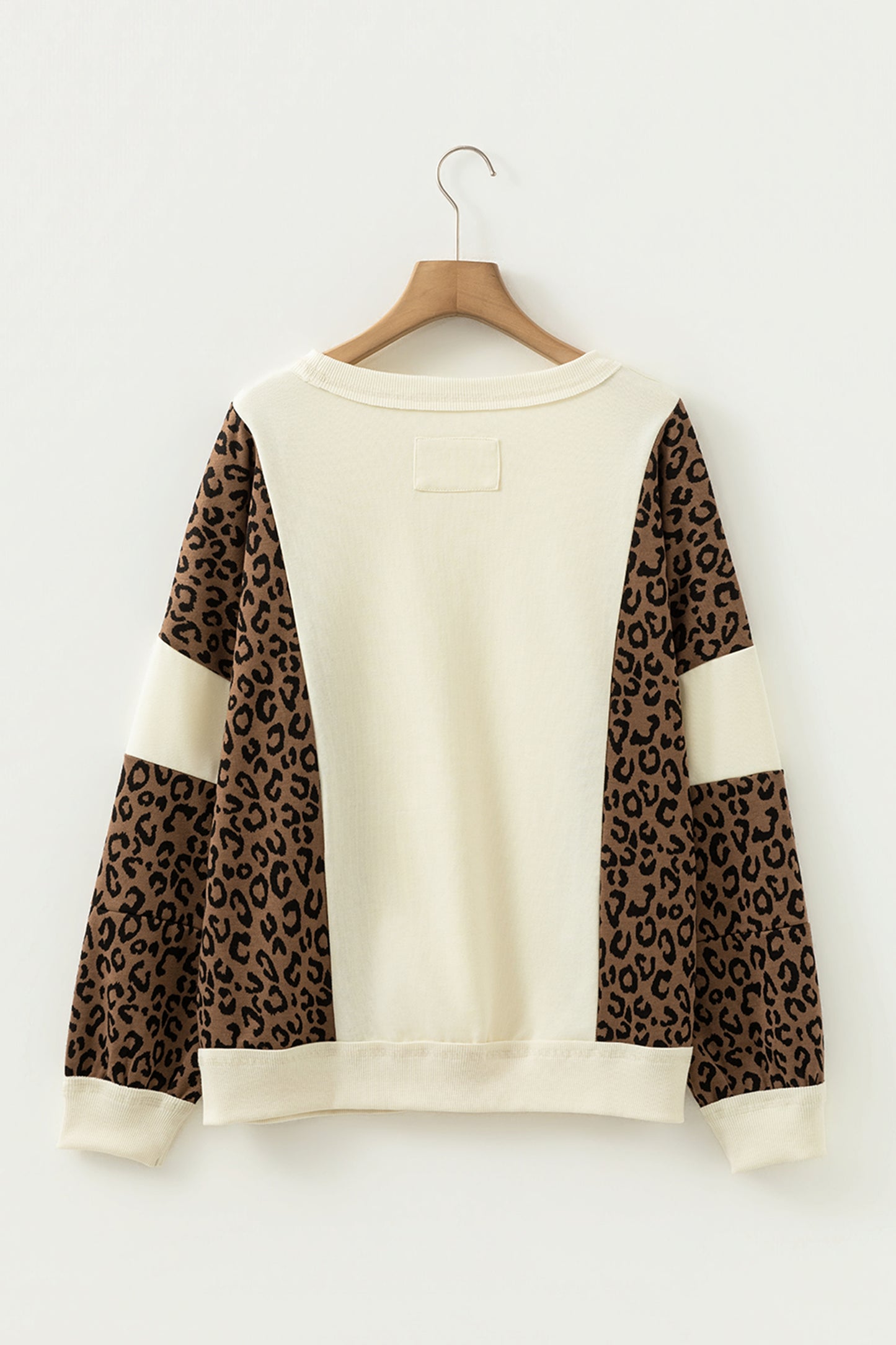 Beige Raw Seam Color Block Leopard Patchwork Baggy Long Sleeve Top