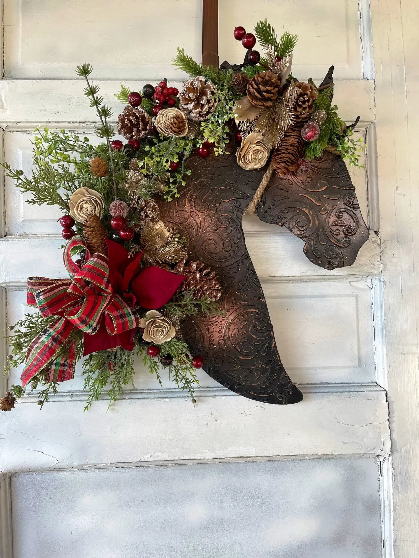 Leather Look Berry And Pine Horse Wreath with poinsettia 