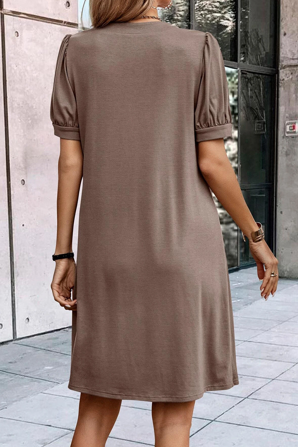 Black Notched Neck Pleated Puff Sleeve Shift T-shirt Dress