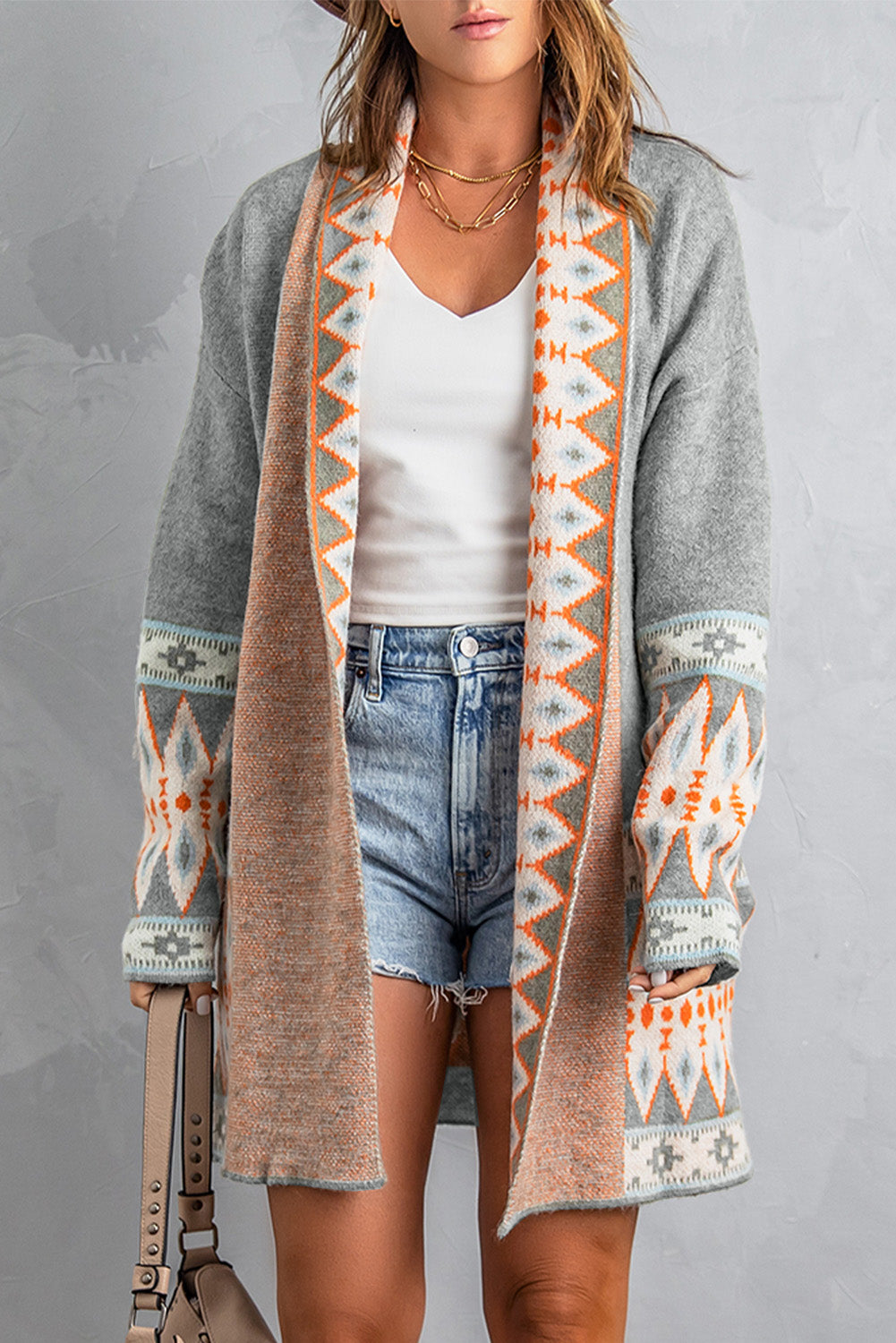 Blue Aztec Print Open Front Knitted Cardigan