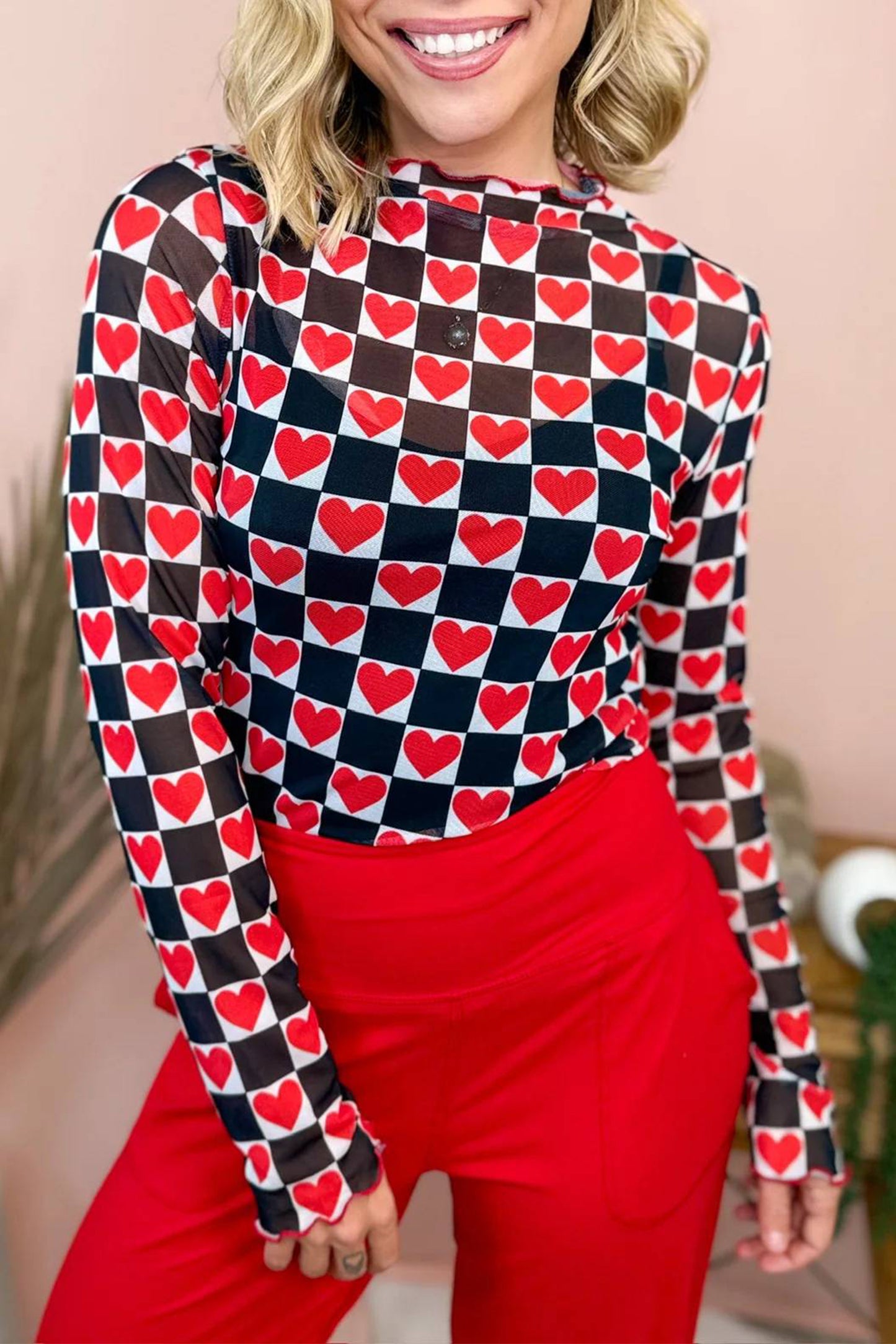 Dark Blue Plaid Mesh Sheer Long Sleeve Top