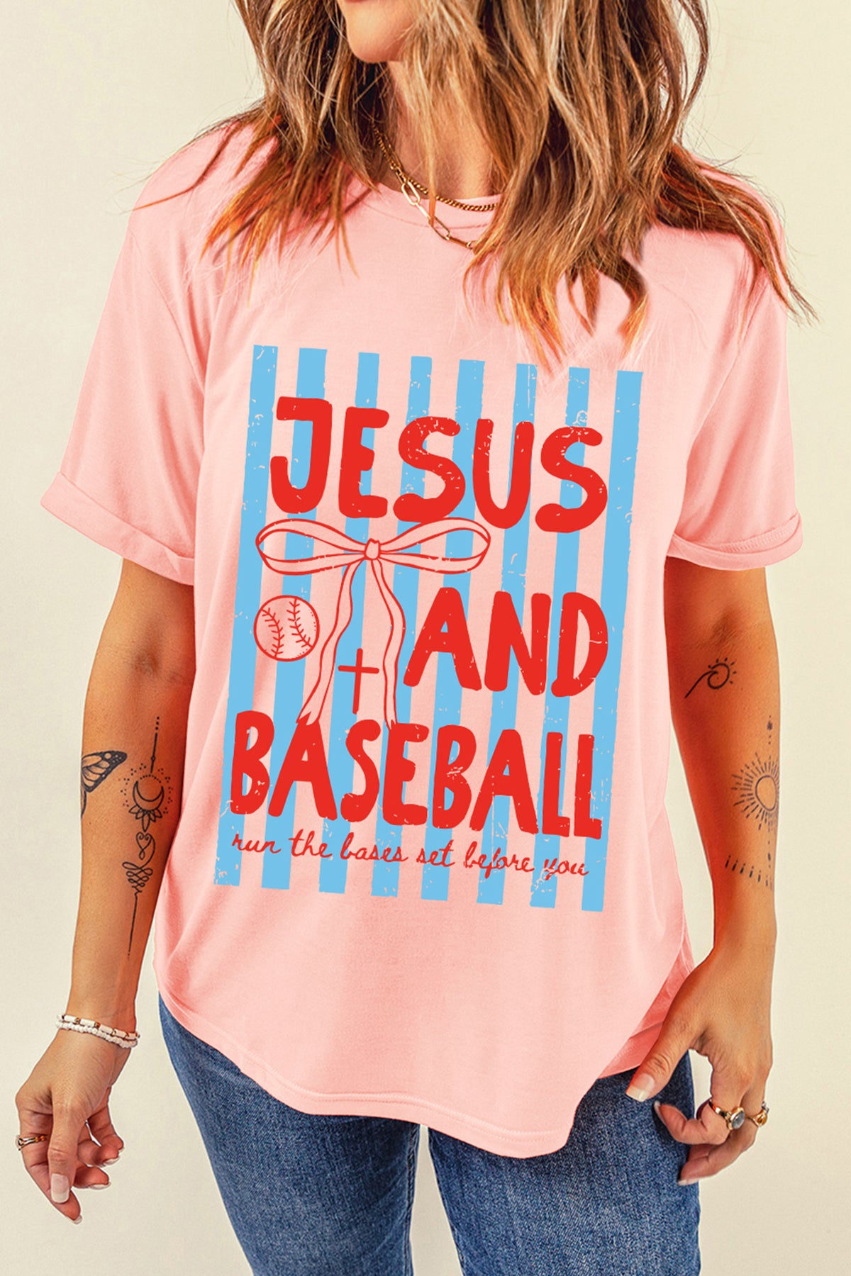 Pink JESUS AND BASEBALL Coquette Striped Print T Shirt
