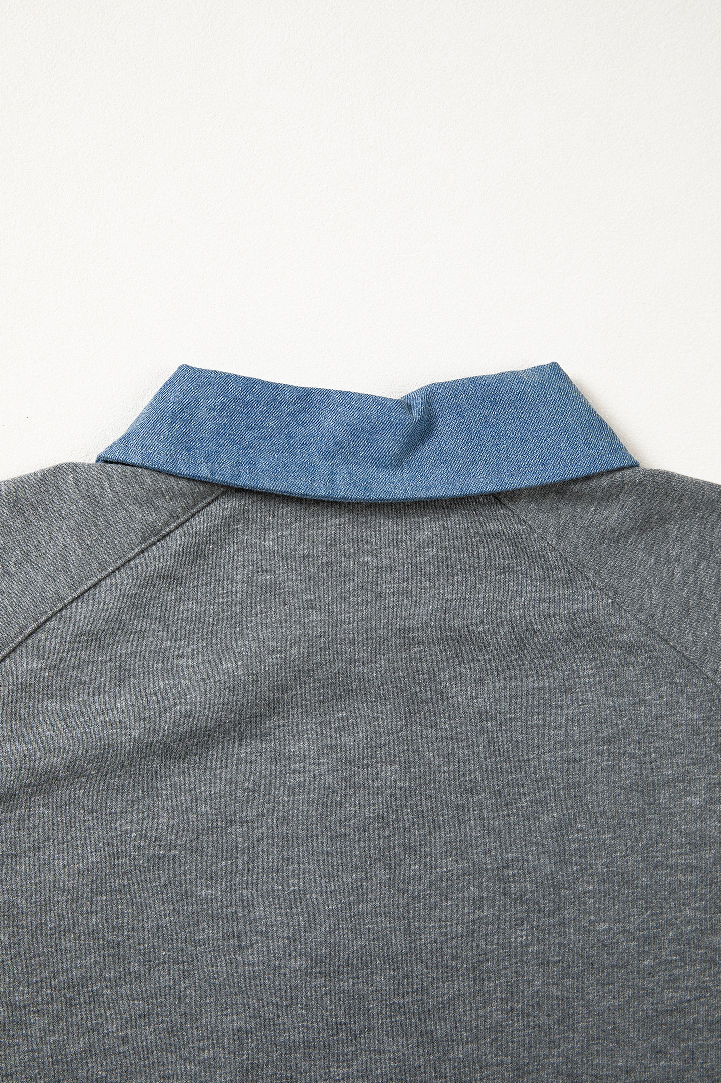Light Grey Denim Color Block Patchwork Shirt Collar Short Sleeve Blouse