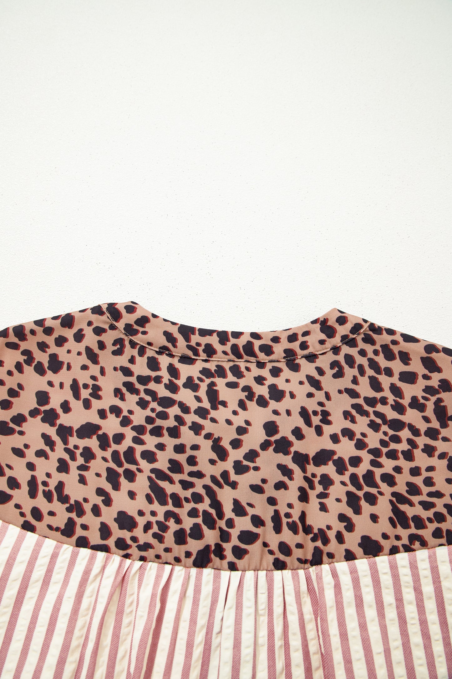 Khaki Stripe Square Button Leopard Trim Loose Bracelet Sleeve Shirt Dress
