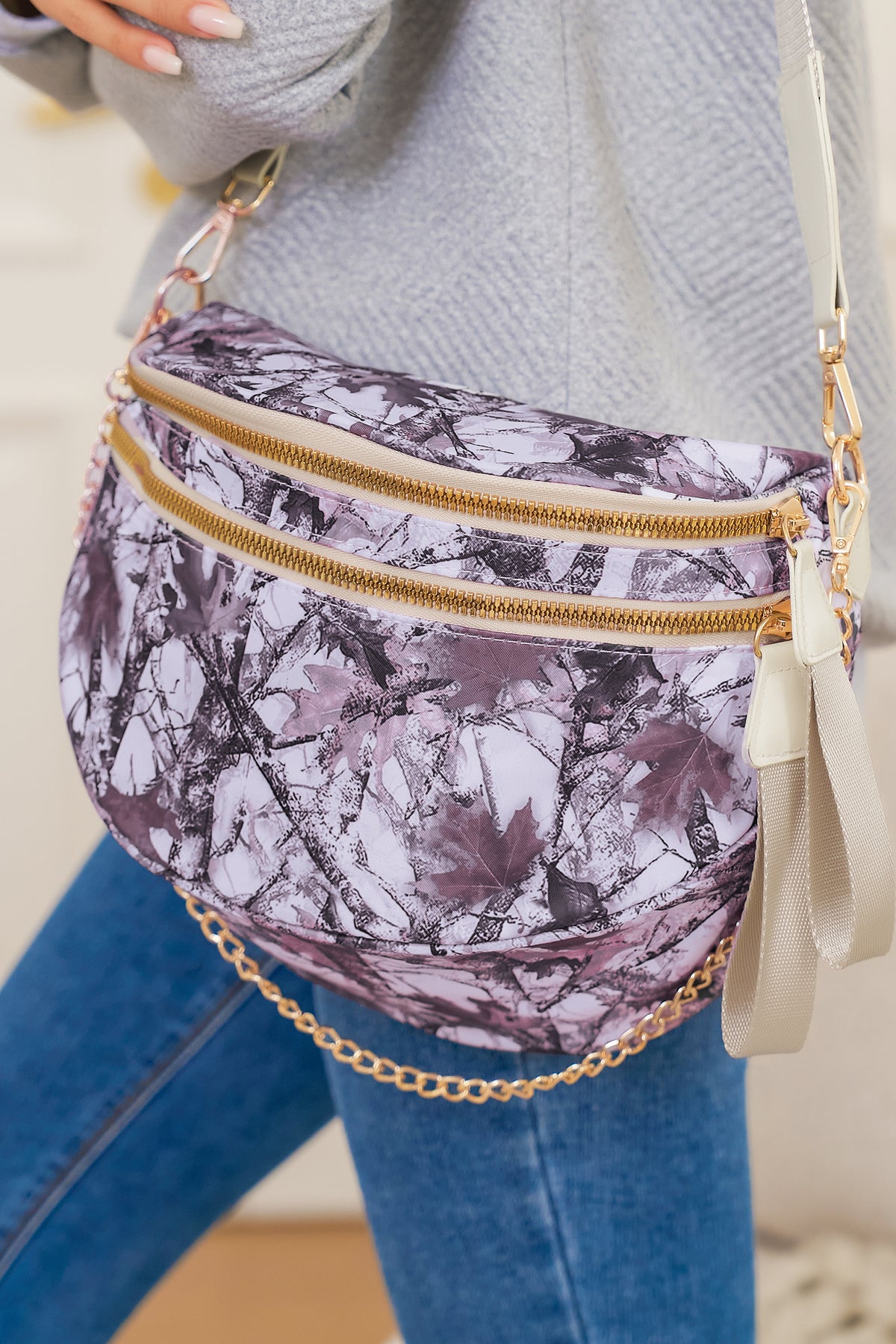 White Camouflage Print Double Zip Fashion Crossbody Bag