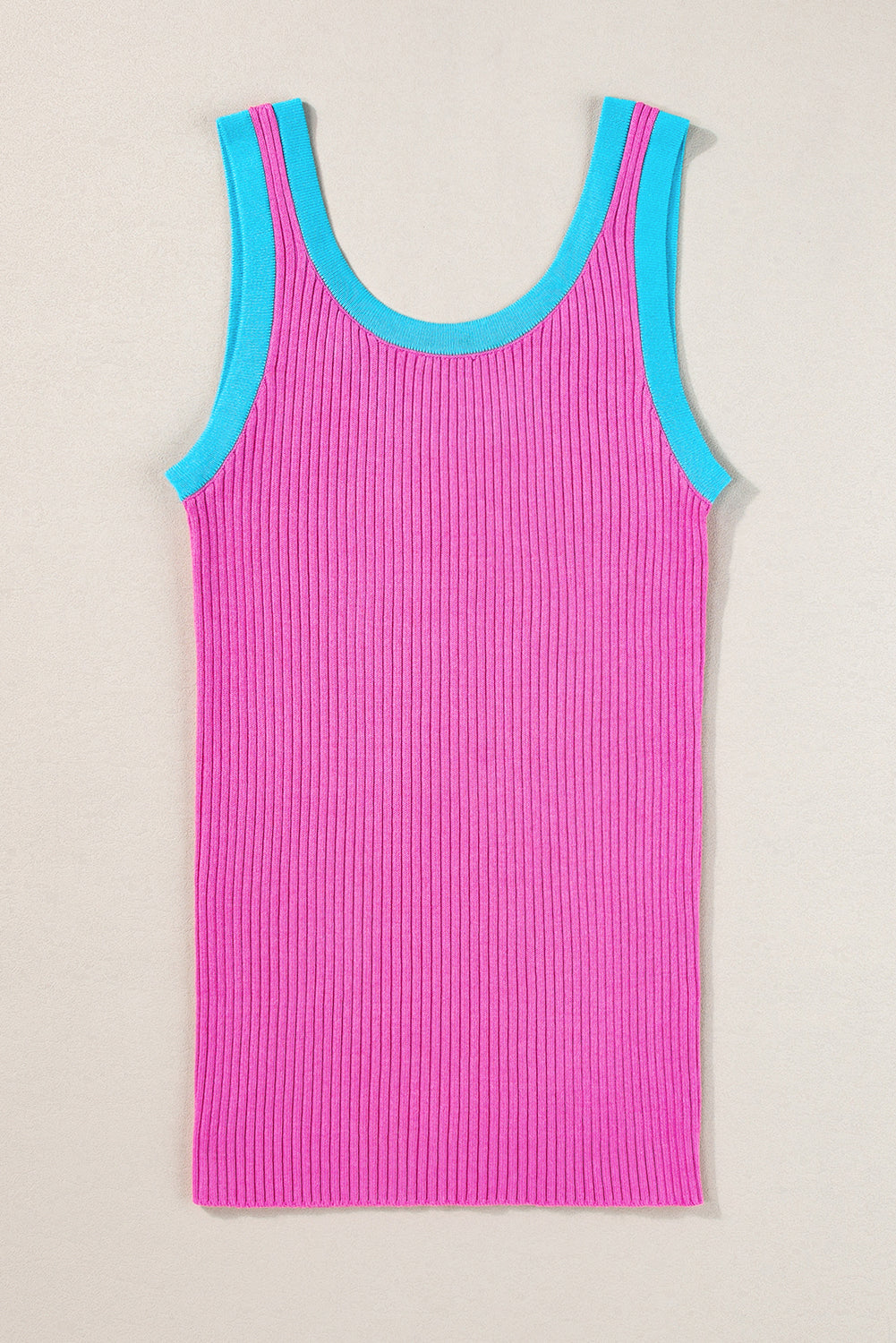 Blue Colorblock Edge Ribbed Knit U Neck Tank Top