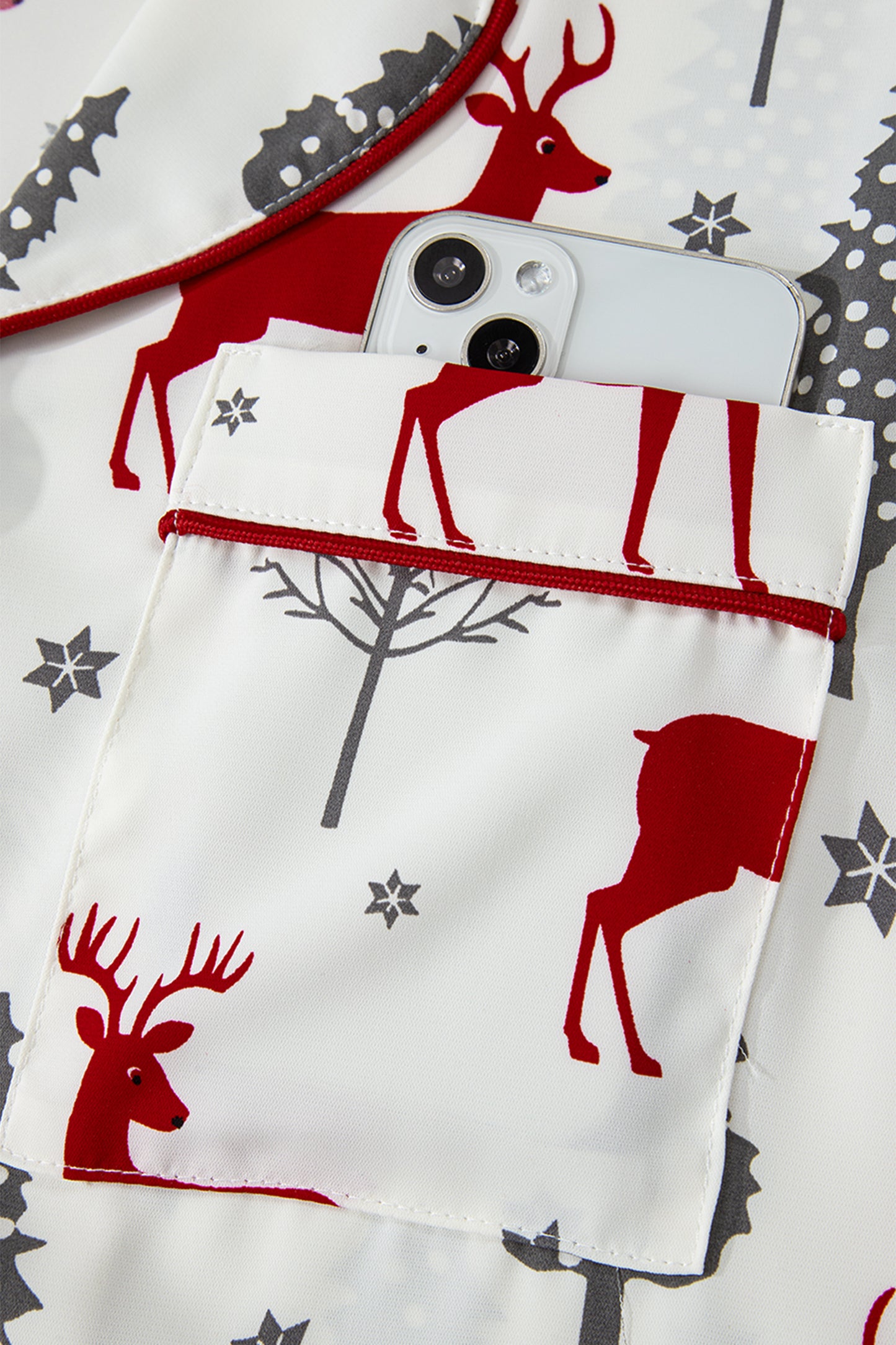White Christmas Fashion Print Velvet Trim Bow Knot Pajama 2pcs Short Set