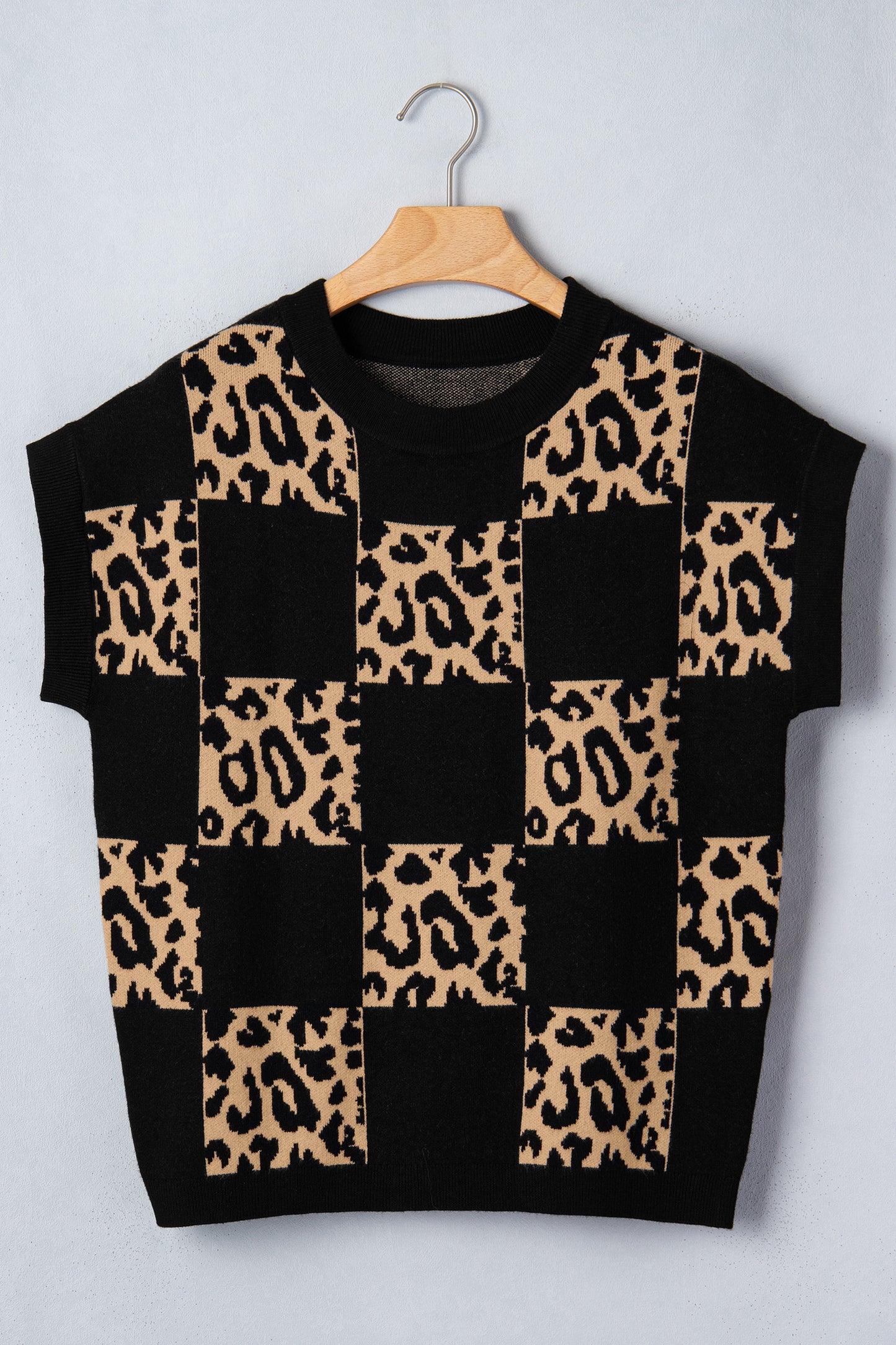 Green Leopard Checkerboard Short Sleeve Knit Sweater