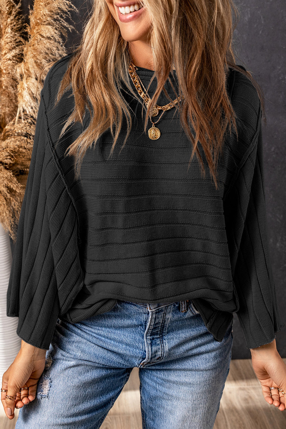Gray Exposed Seam Ribbed Knit Dolman Top