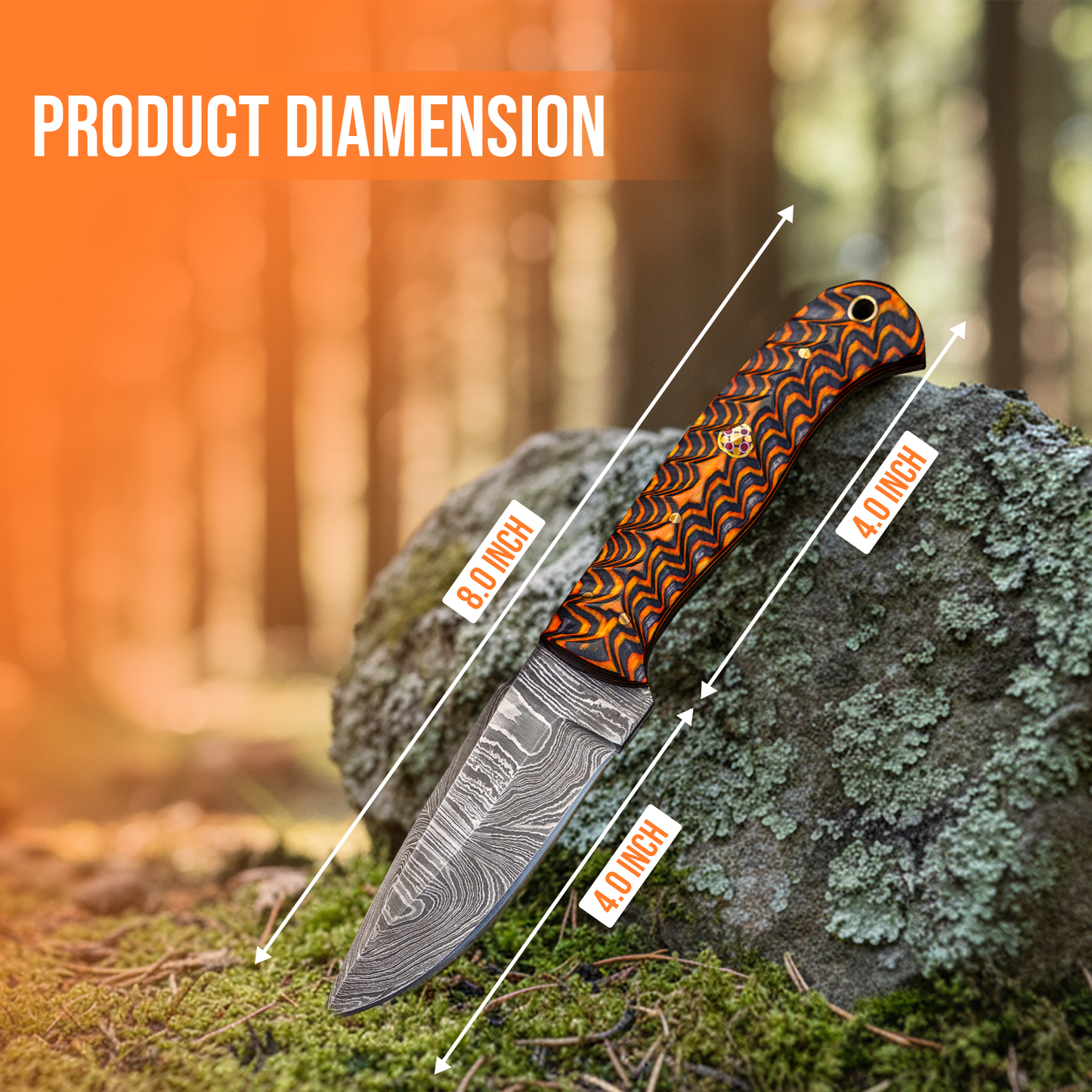 8' Damascus knife with leather sheath  Grooved handle