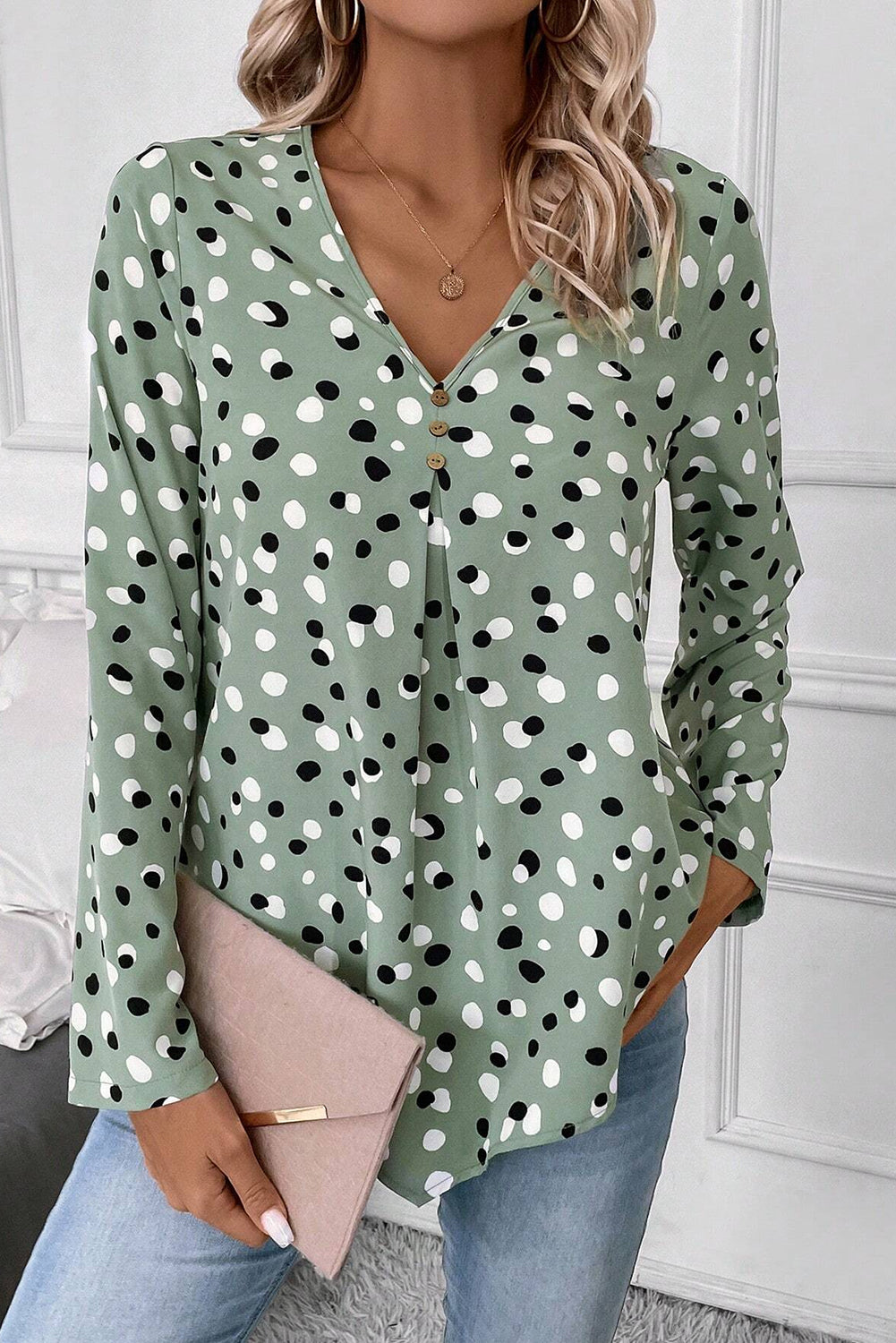 White Polka Dot Print Button Front V Neck Blouse