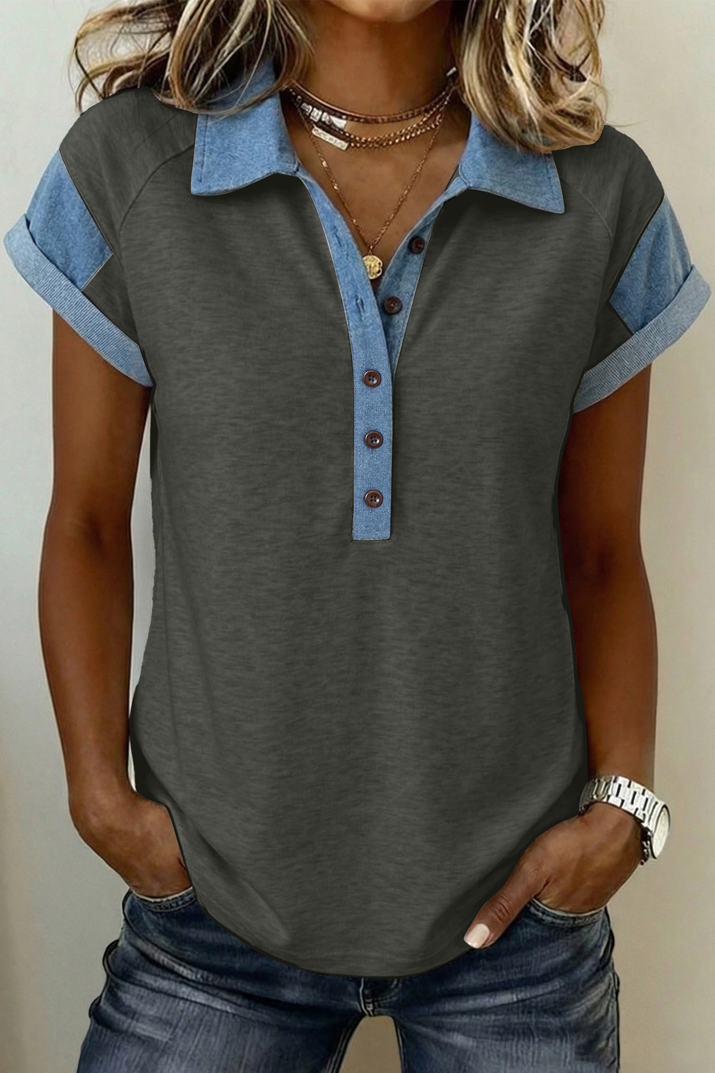 Light Grey Denim Color Block Patchwork Shirt Collar Short Sleeve Blouse