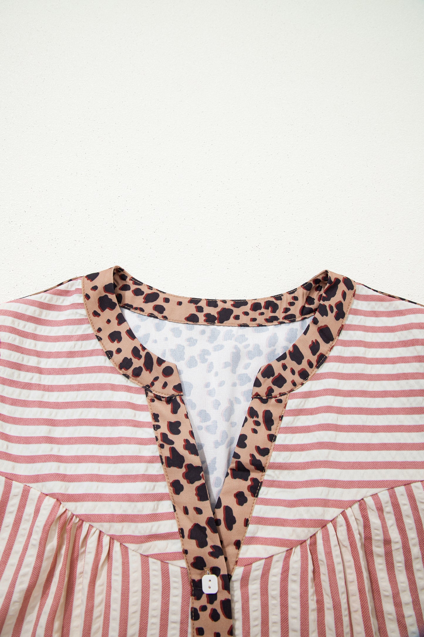 Khaki Stripe Square Button Leopard Trim Loose Bracelet Sleeve Shirt Dress
