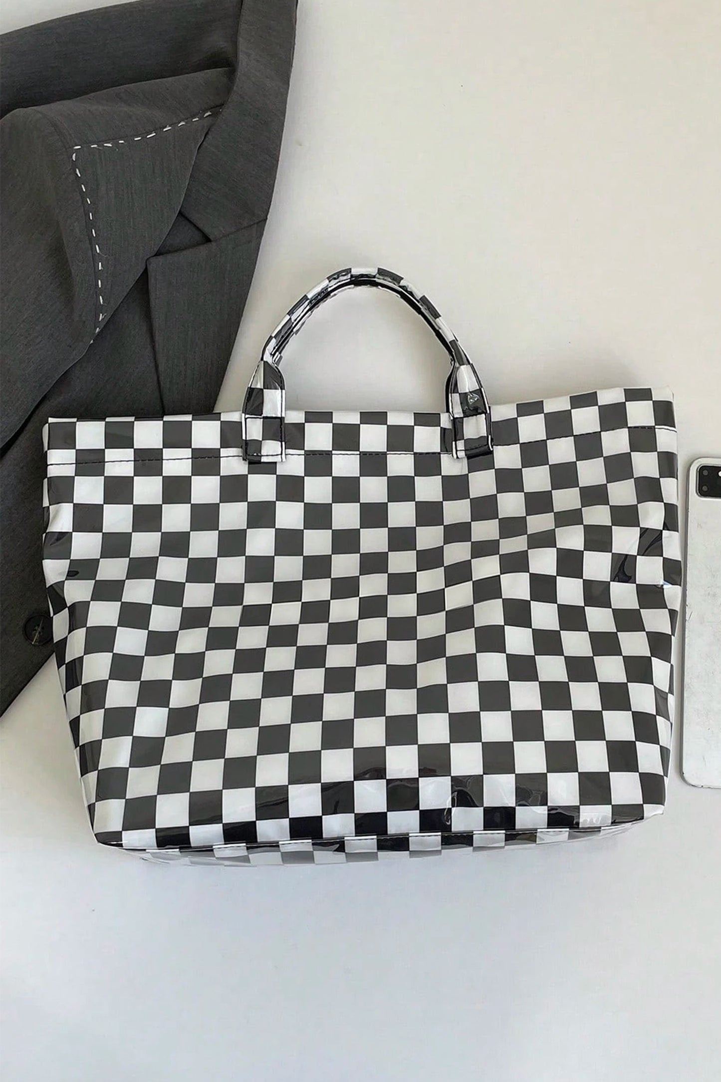 Color black Plaid Pattern PVC Glossy Waterproof Tote Bag