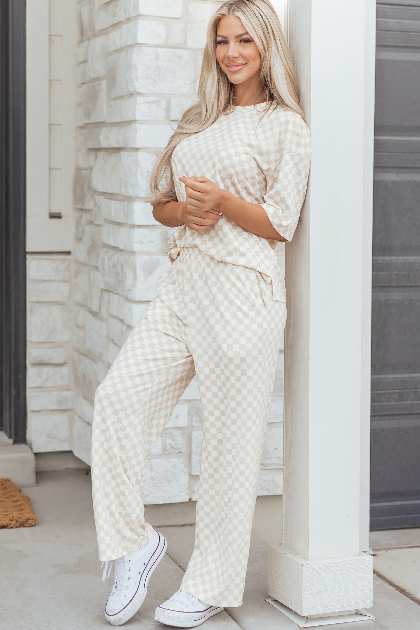 Black Checkered Print Half Sleeve Tee 2pcs Lounge Pant Set