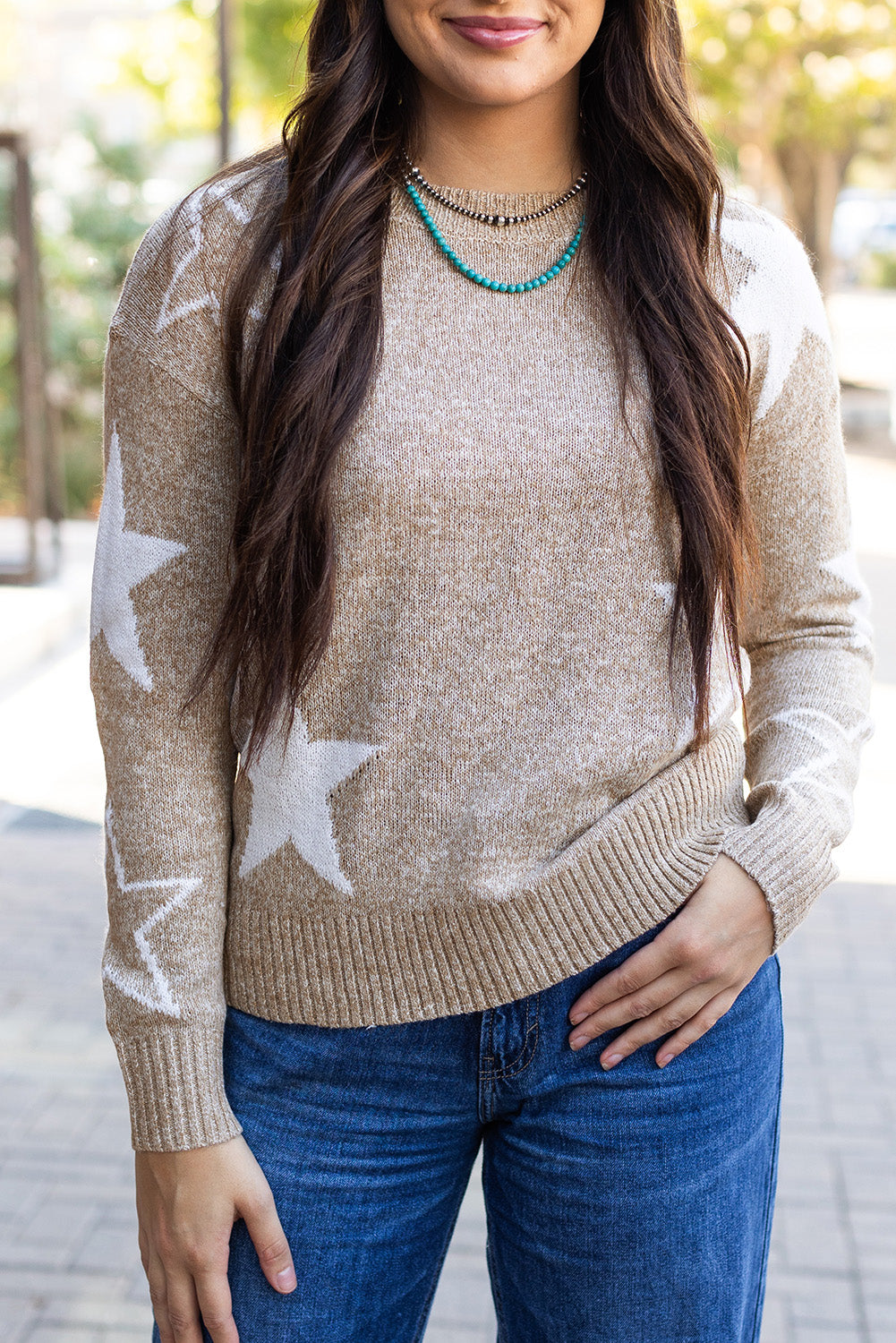 Gray Star Pattern Drop Shoulder Sweater