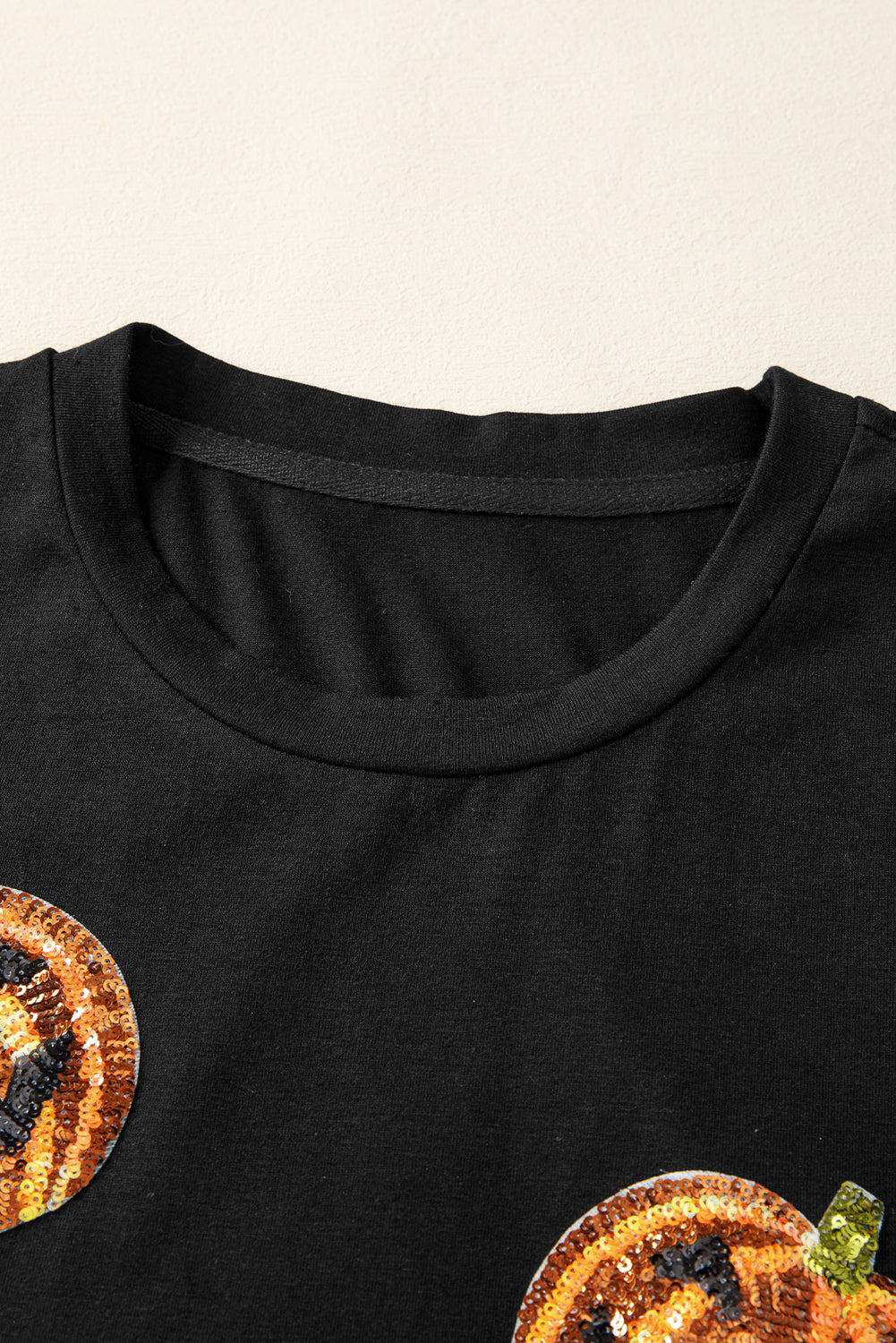 Black Sequin Pumpkin Face Halloween T Shirt